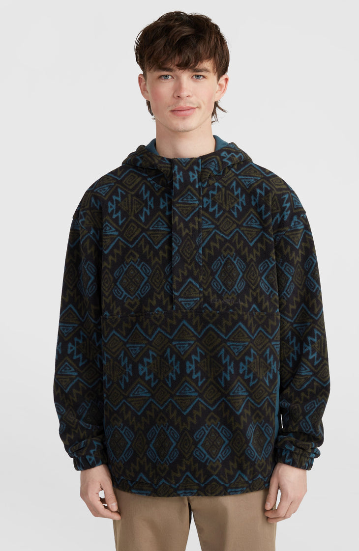 Superfleece Hoodie mit Halbreißverschluss | Black Retro Ikat