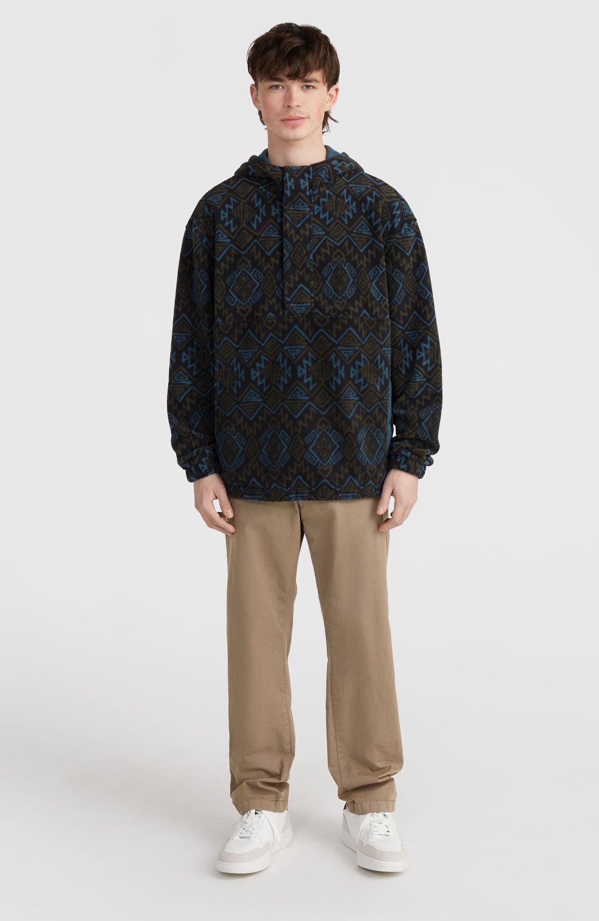 Superfleece Hoodie mit Halbreißverschluss | Black Retro Ikat