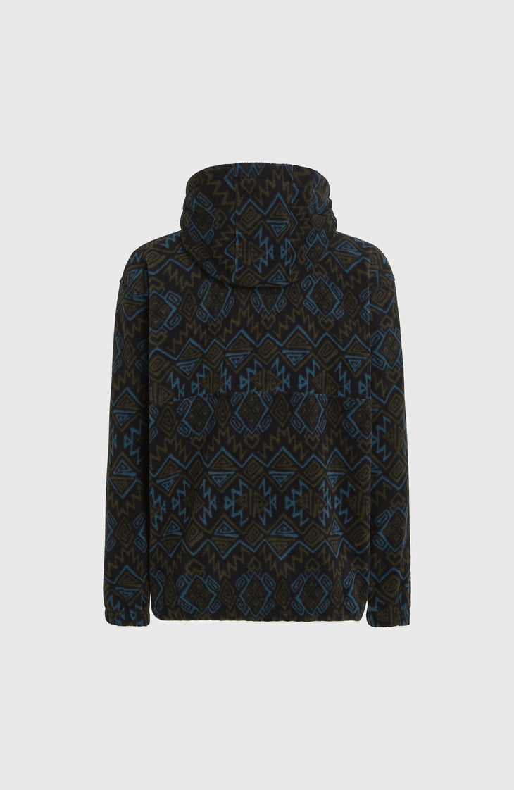 Superfleece Hoodie mit Halbreißverschluss | Black Retro Ikat