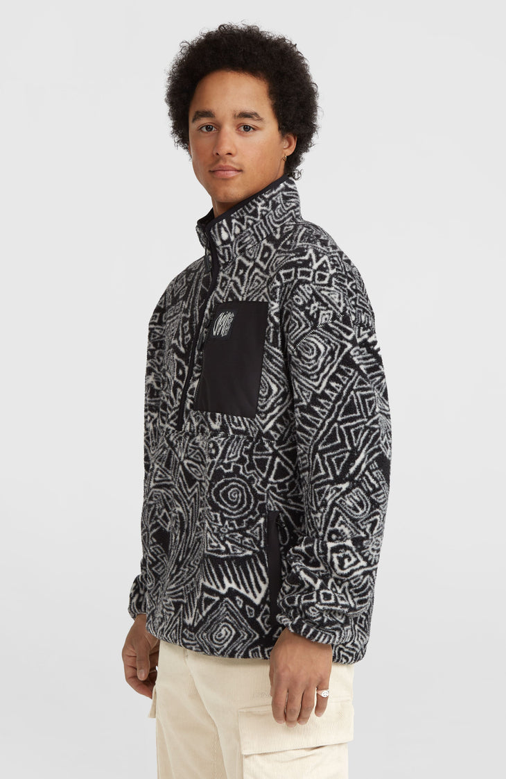 Flauschiger Surf Heroes Fleecepullover mit Halbreißverschluss | White/Black Sketcheritage