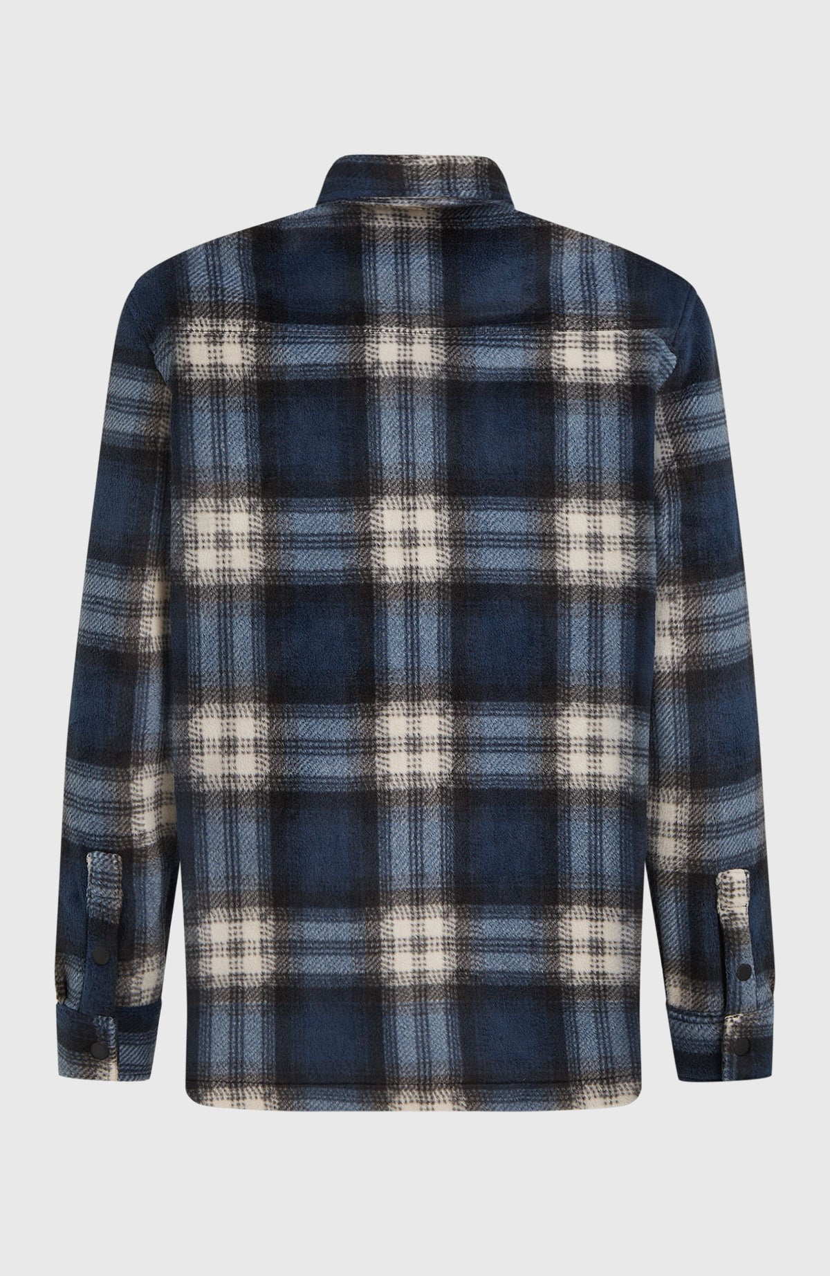 O'Riginals Superfleece Hemd für Herren, blau mit Karomuster in Weiß und Schwarz, freigestellt von hinten mit Rückenpasse