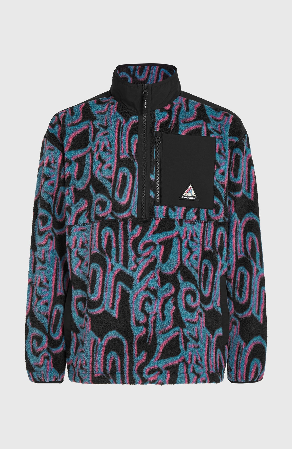 FWC'Play Hyperfleece Pullover für Herren, pink mit Grafikmuster in Blau und Schwarz, freigestellt von vorne