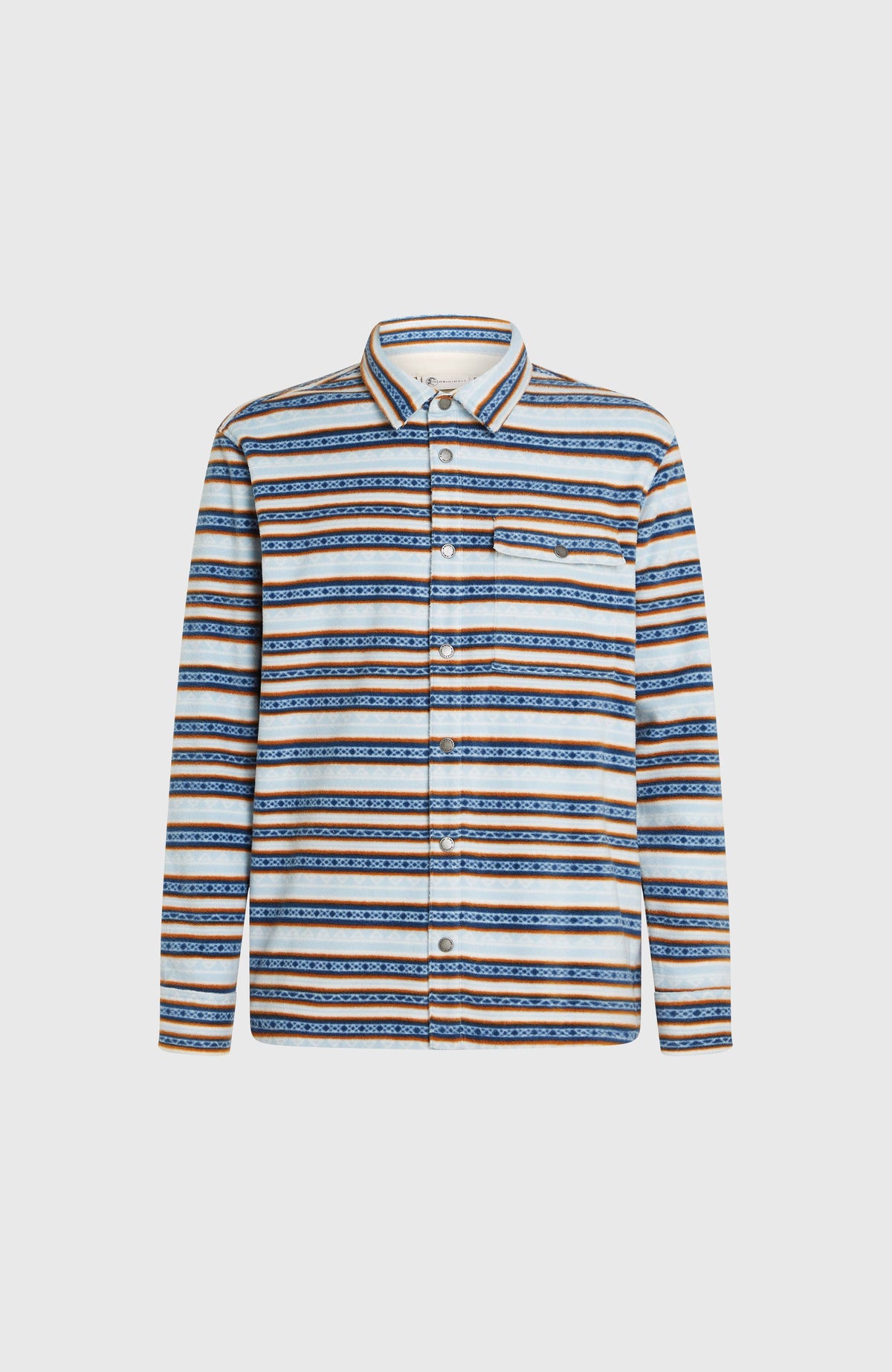 O'Riginals Superfleece Hemd für Herren, blau mit Streifenmuster in Braun und Weiß, freigestellt von vorne