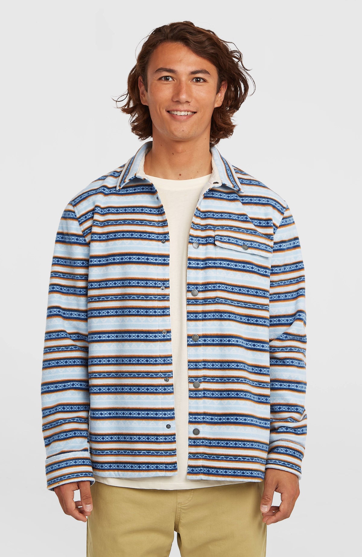 O'Neill O'Riginals Superfleece Hemd für Herren, blau mit Streifenmuster in Braun und Weiß, Vorderansicht