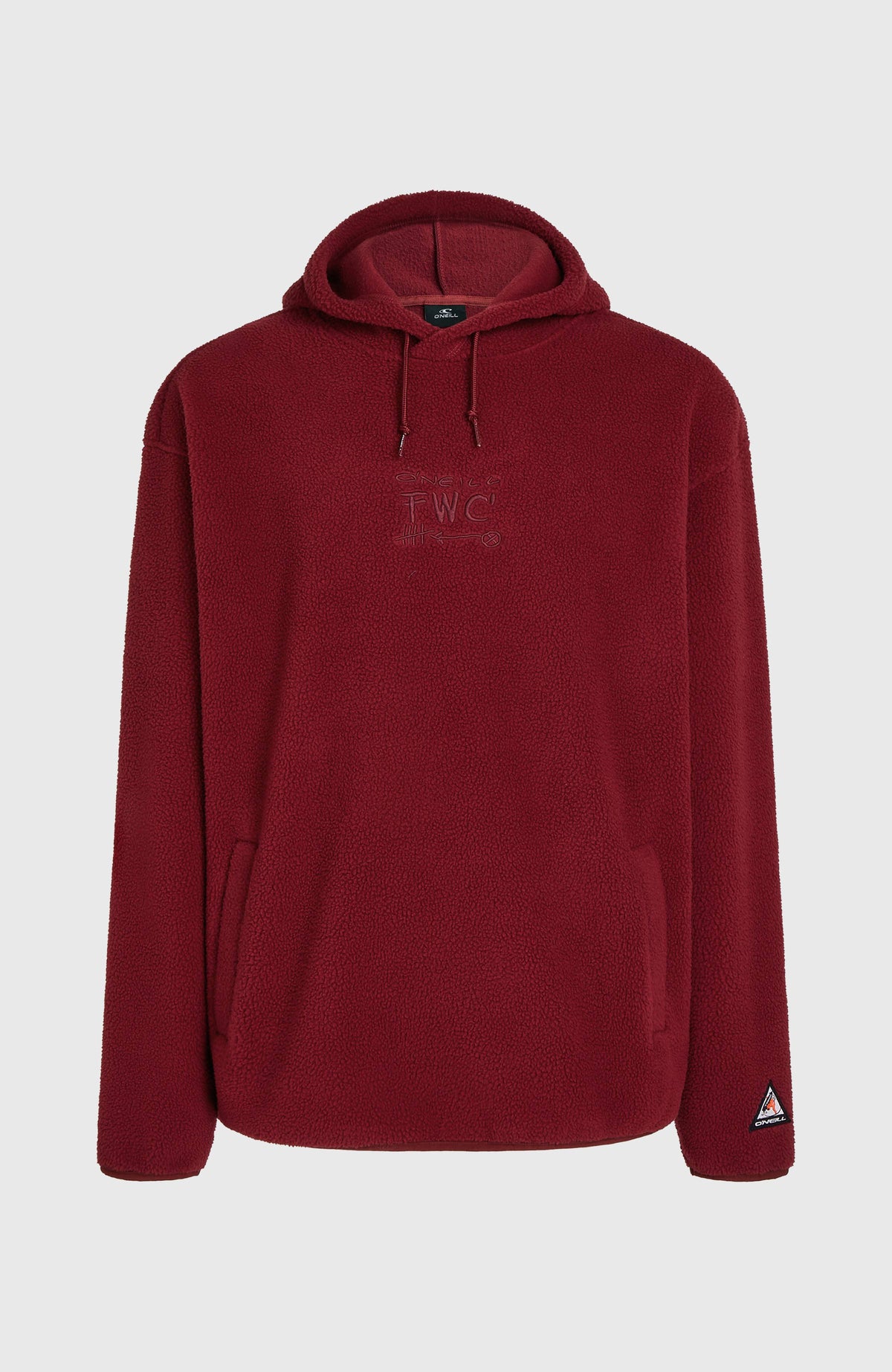 Flauschiger FWC'Play Fleece-Hoodie für Herren, rot, freigestellt von vorne mit Kapuze, Kordelzug und Bauchtasche