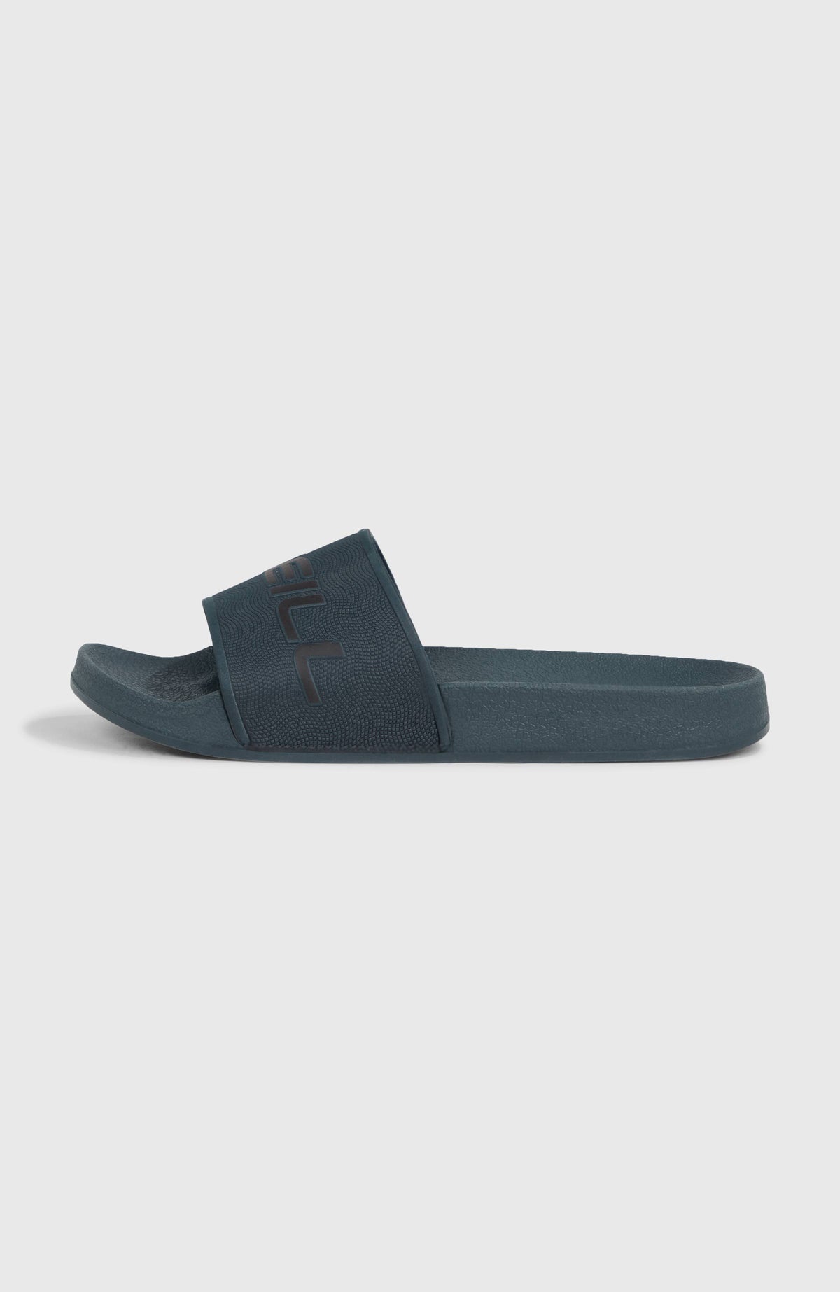 Logo Slides für Herren, blau, freigestellt in der Seitenansicht mit flacher Sohle