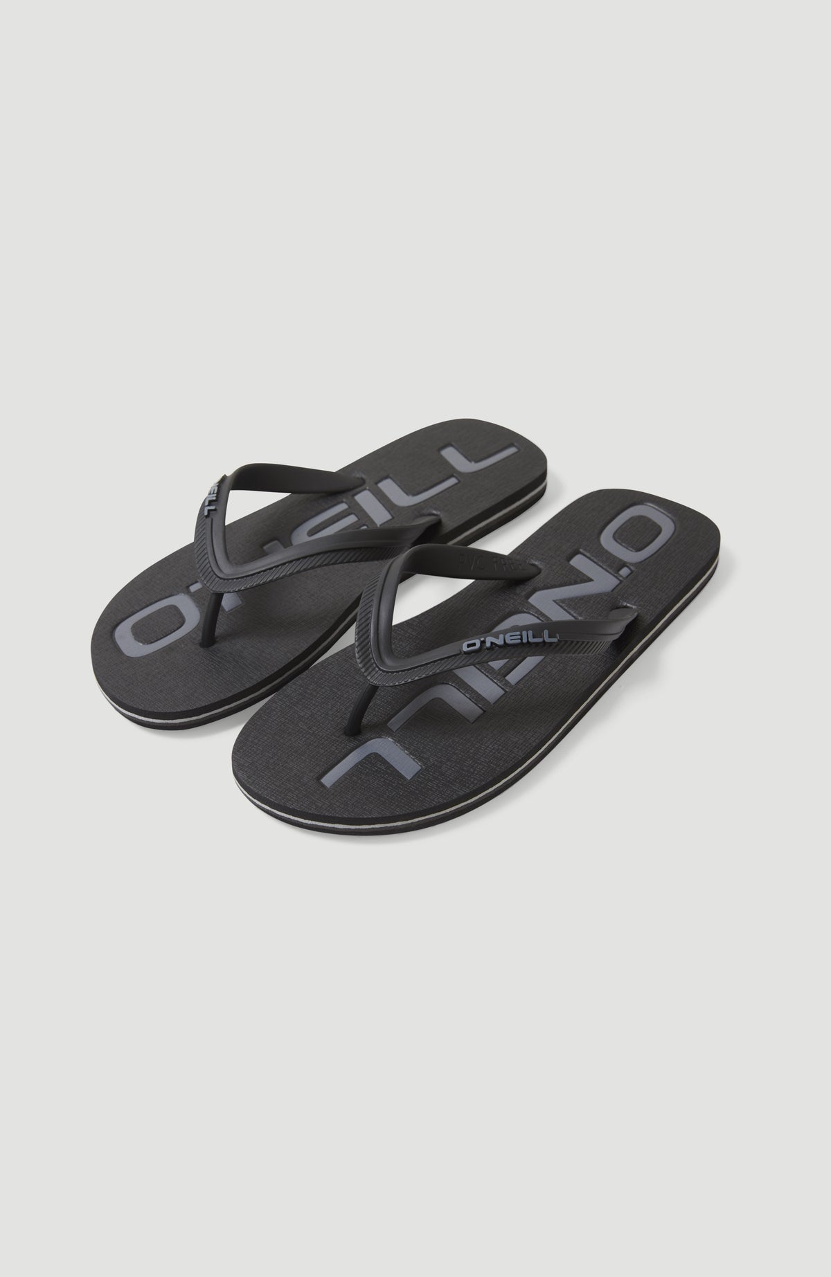 O'Neill Profile Logo Sandalen für Herren, schwarz mit Logo-Print in Grau, freigestellt von schräg oben
