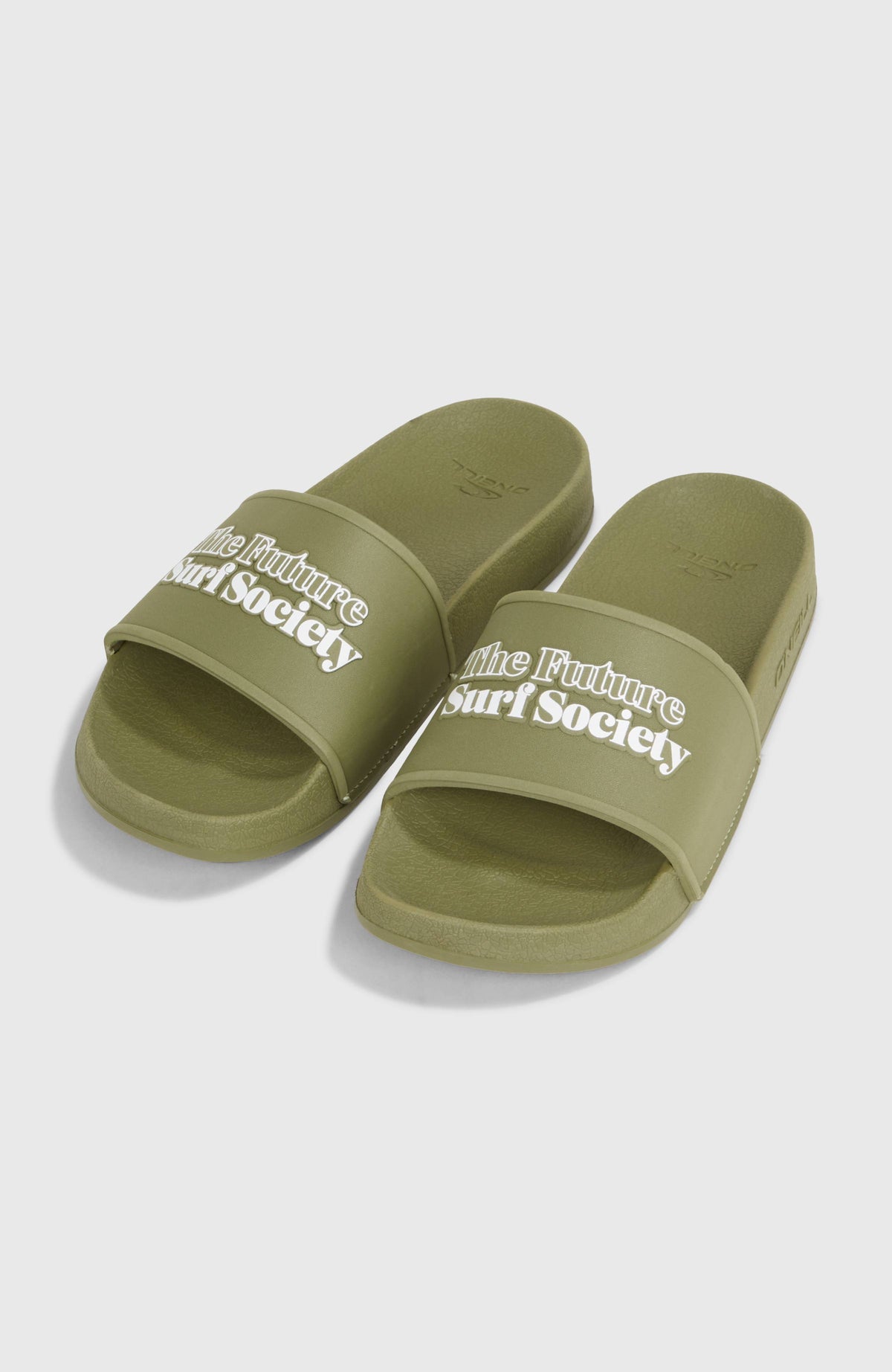 O'Neill Future Surf Society Unisex-Slides für Herren, grün, freigestellt von schräg oben mit weißem Schriftzug