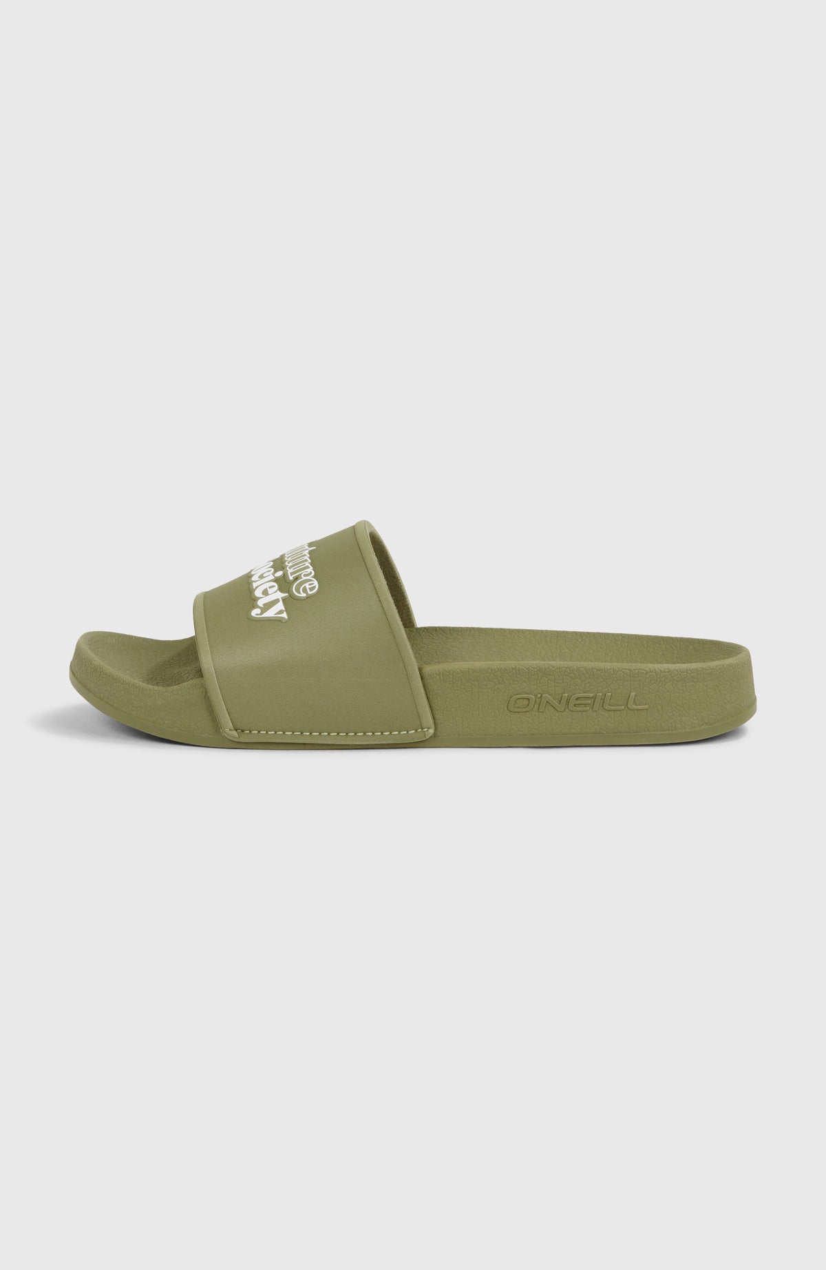 Future Surf Society Unisex-Slides für Herren, grün, freigestellt von der Seite, flache Sohle mit Logo-Prägung