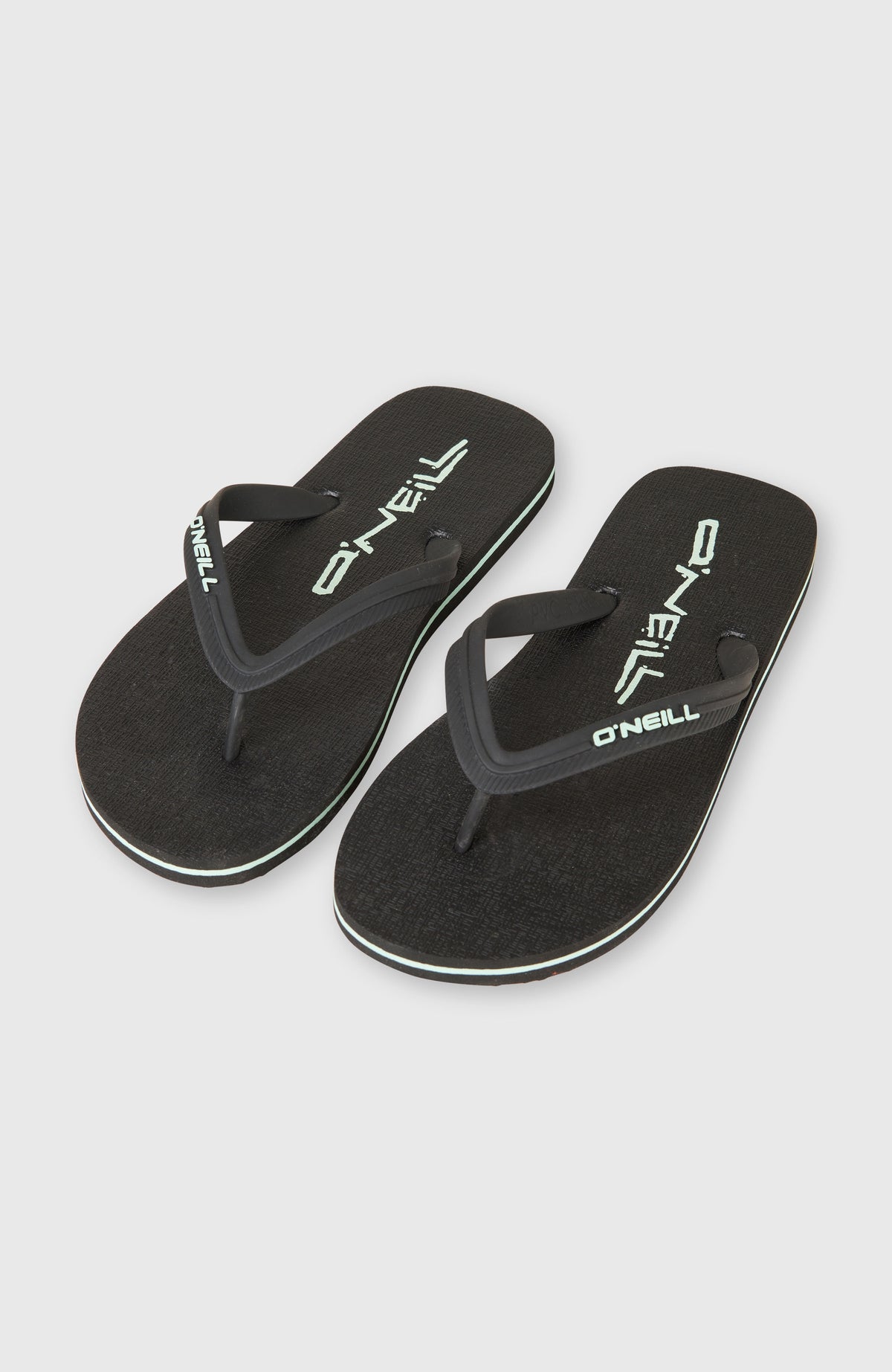 O'Neill Profile Artwork Sandalen für Herren, schwarz mit Logo-Print in Mintgrün, freigestellt von schräg oben