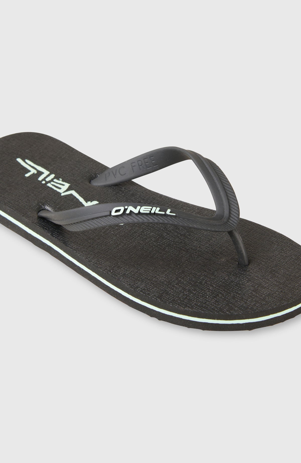 Profile Artwork Sandalen für Herren, schwarz mit Logo-Print in Mintgrün, Nahaufnahme des Riemens mit Schriftzug