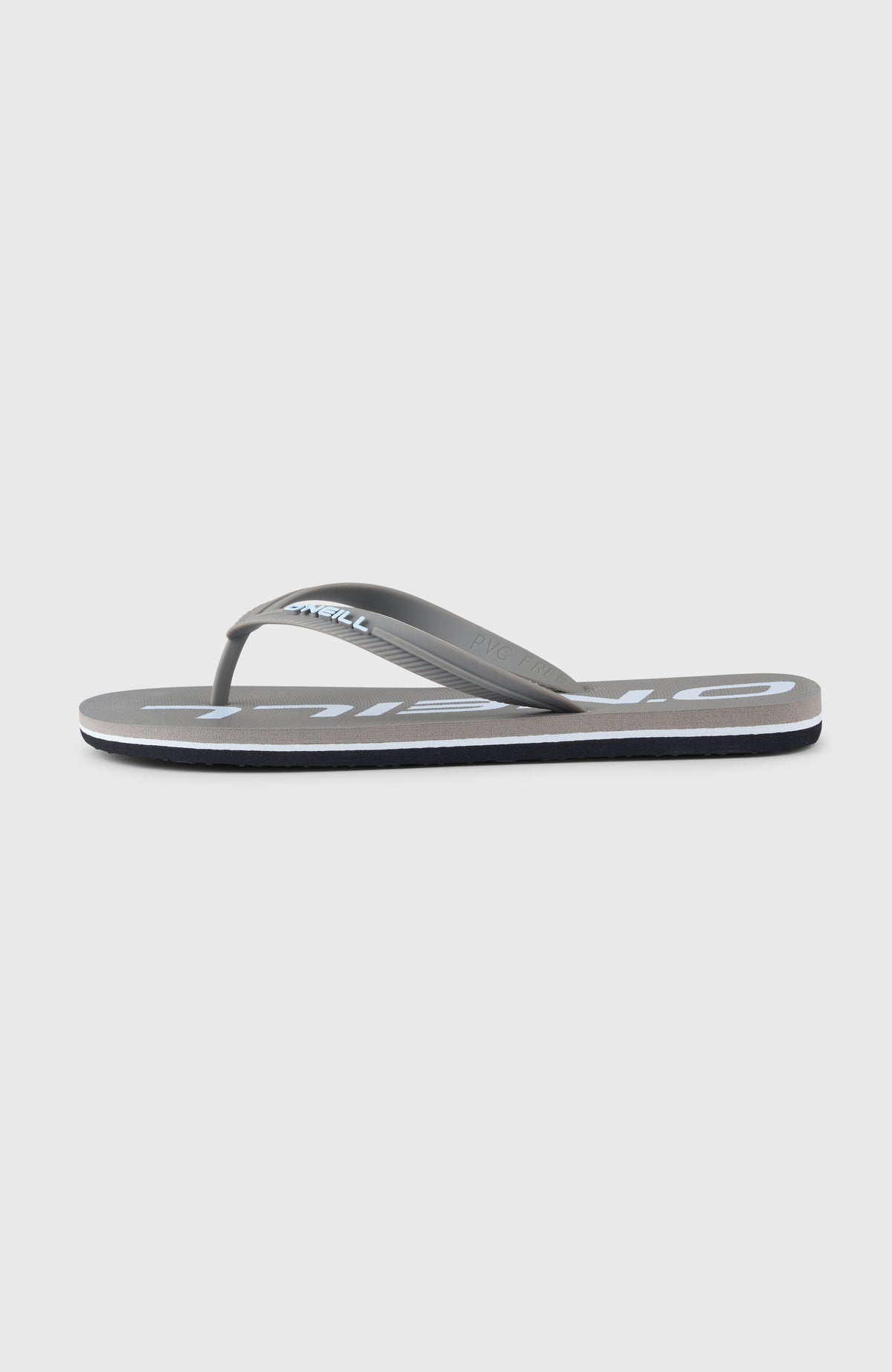 Profile Logo Sandalen für Herren, grau mit Logo-Print in Weiß, freigestellt von der Seite mit Sohlenrand