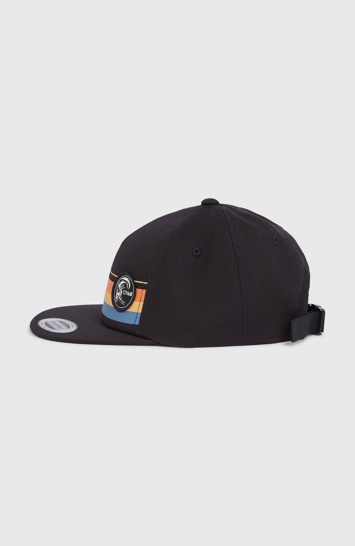 O'Riginals Cap für Herren, schwarz mit Streifenmuster in Orange und Blau, freigestellt in der Seitenansicht