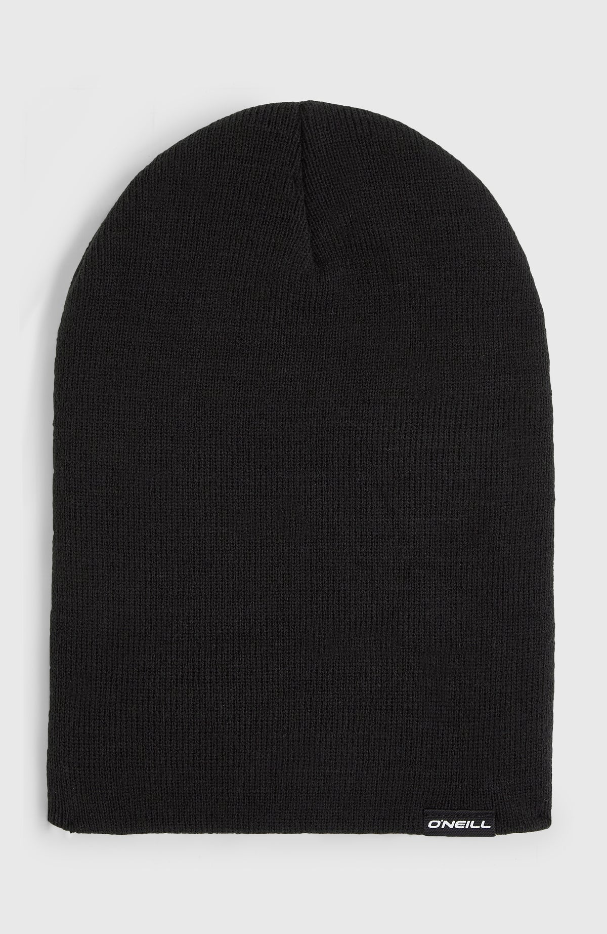 O'Neill Dolomite Beanie für Herren, schwarz, flach liegend von vorne mit Logo-Patch am Saum