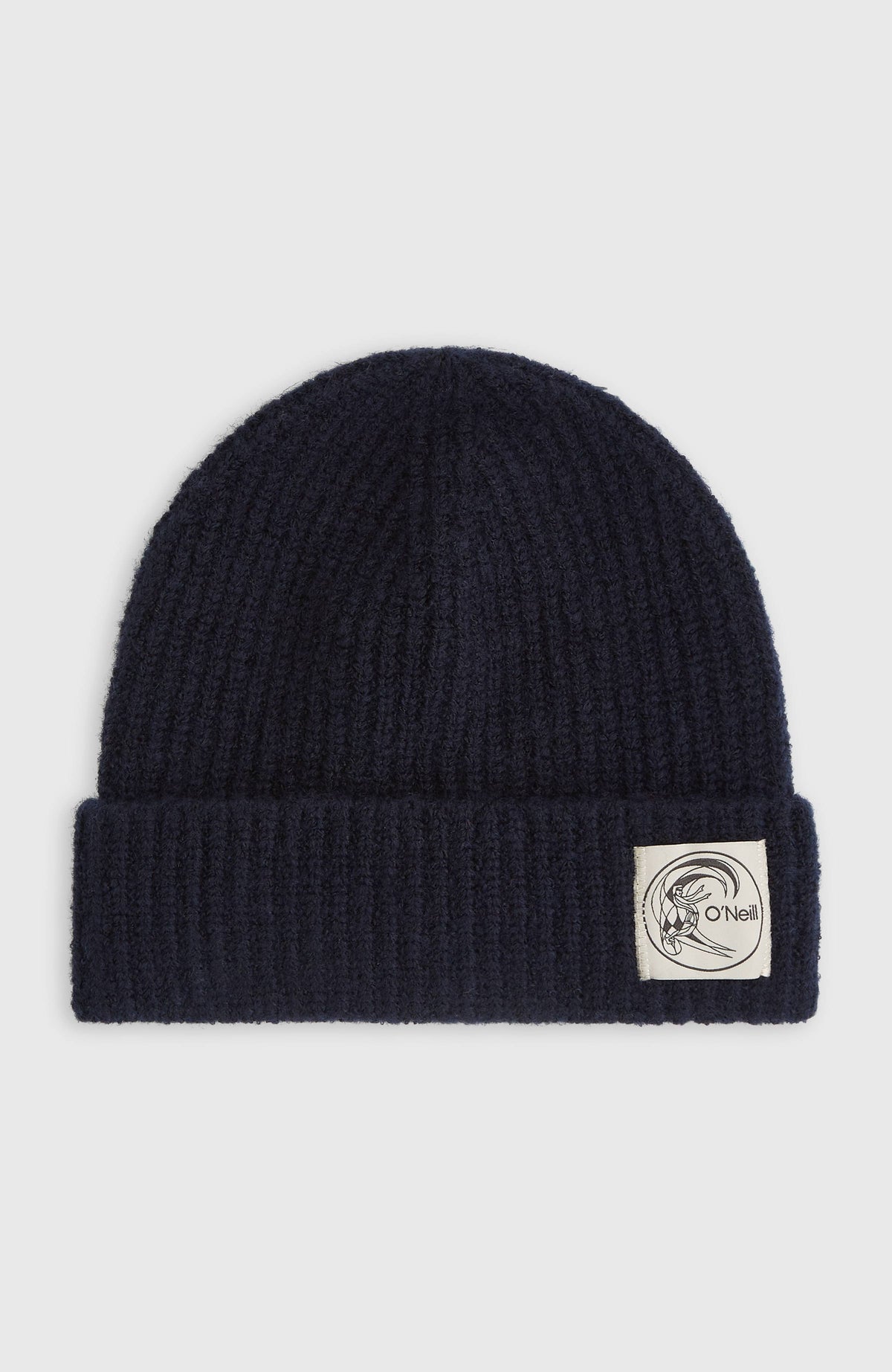 O'Neill O'Riginals Beanie für Herren, blau, freigestellt von vorne mit Umschlag und Logo-Aufnäher