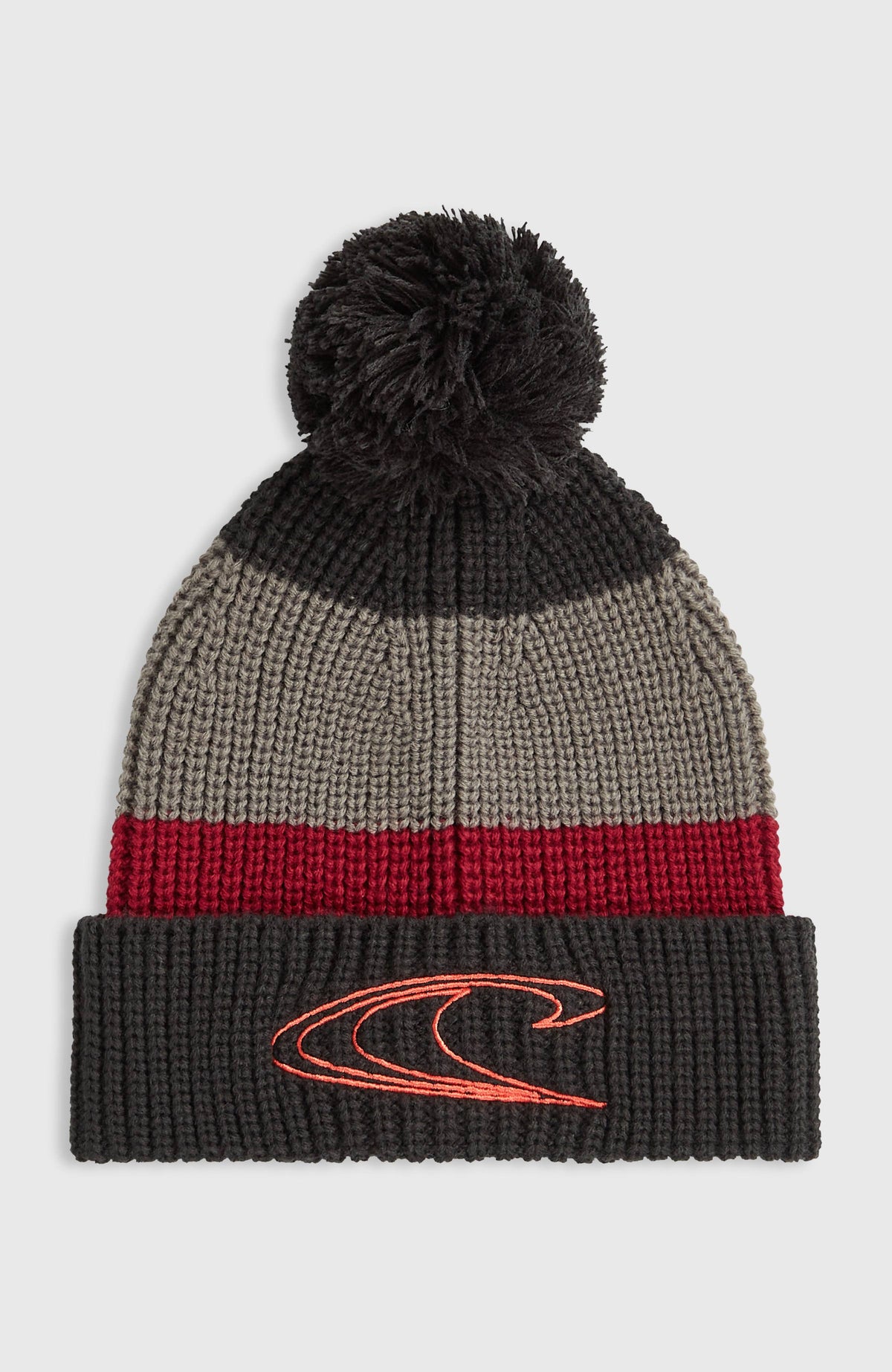 O'Neill Powder Beanie für Herren, schwarz mit Streifenmuster in Grau und Rot, freigestellt von vorne