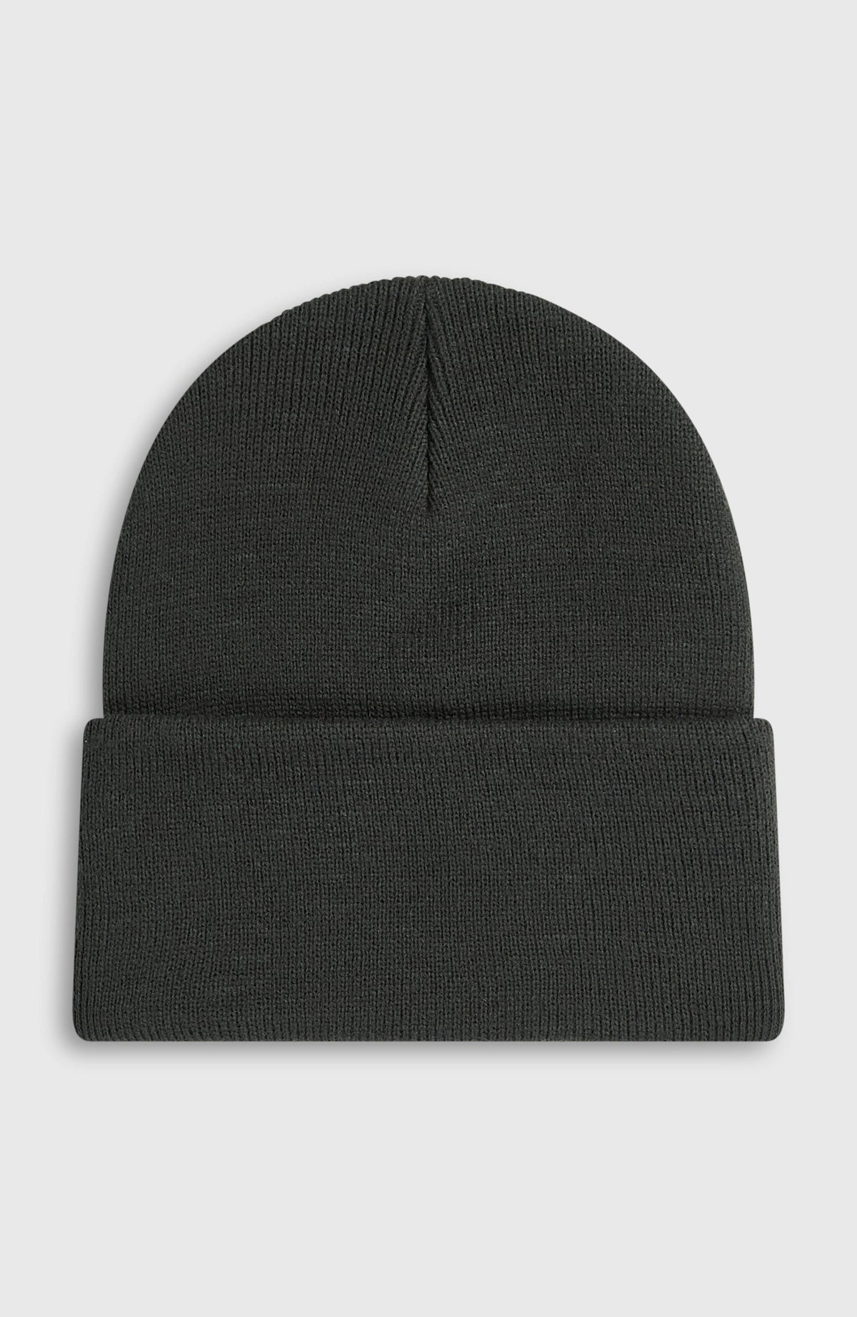 Schwarze Logo Beanie für Herren, flach liegend von hinten, schlichte Rückseite mit breitem Umschlag