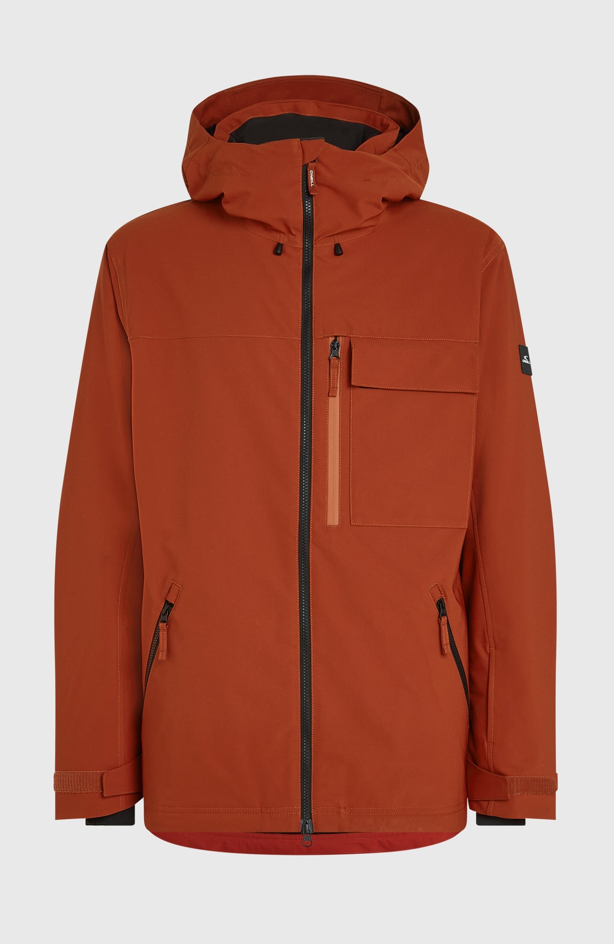 FWC'Peak Skijacke für Herren, orange, freigestellt von vorne mit Kapuze und Reißverschlusstaschen