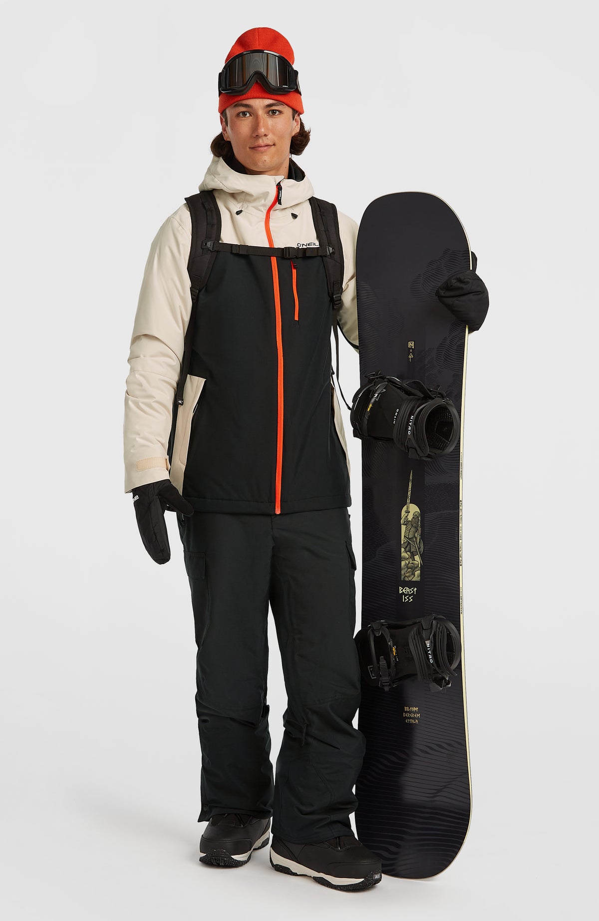 FWC'Cruz Duo Skijacke für Herren, beige, Ganzkörper-Frontalansicht am Model mit Snowboard
