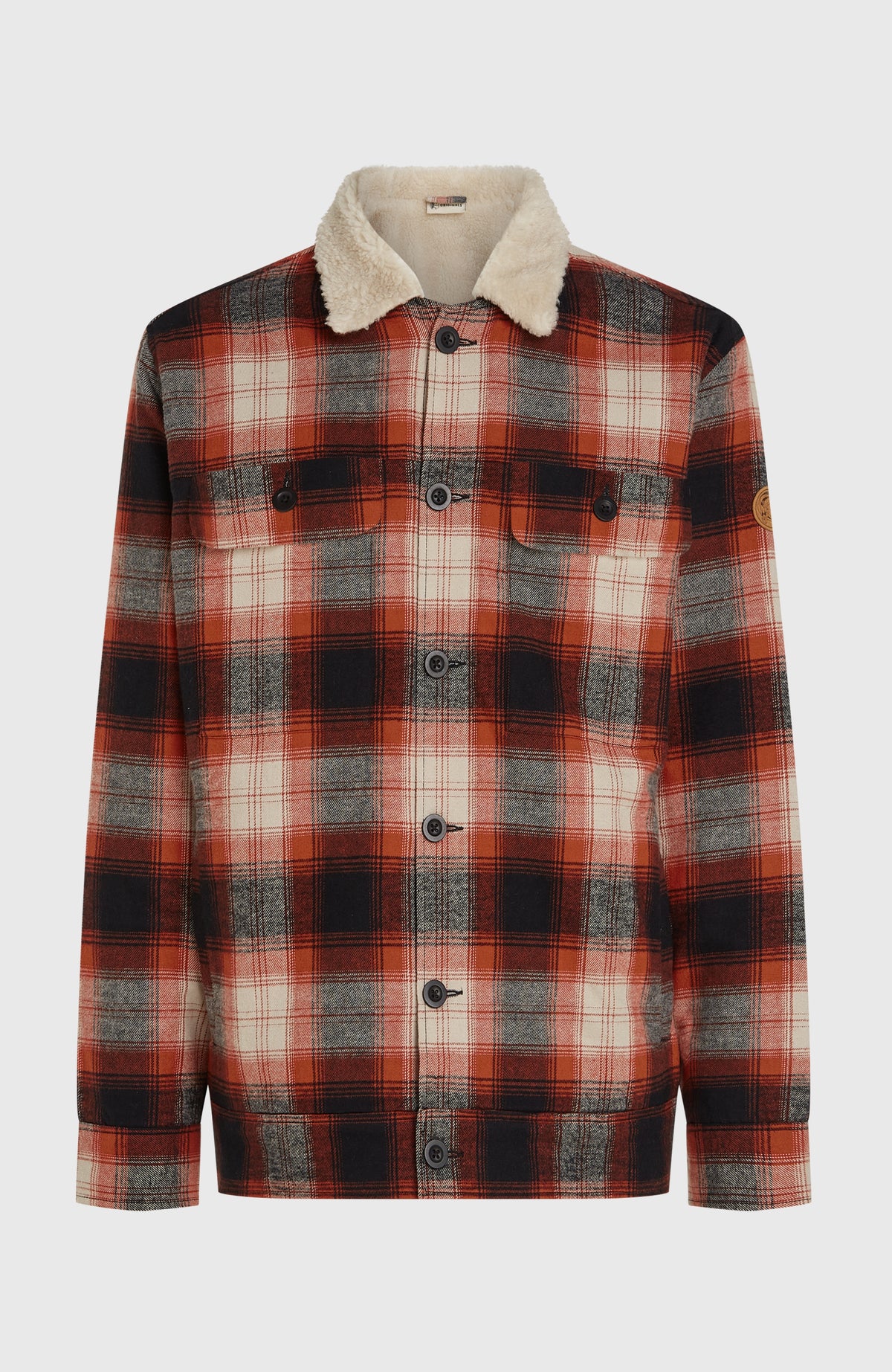 O'Riginals Jacke mit Fleecefutter für Herren, rot mit Karomuster in Schwarz und Cremeweiß, freigestellt von vorne