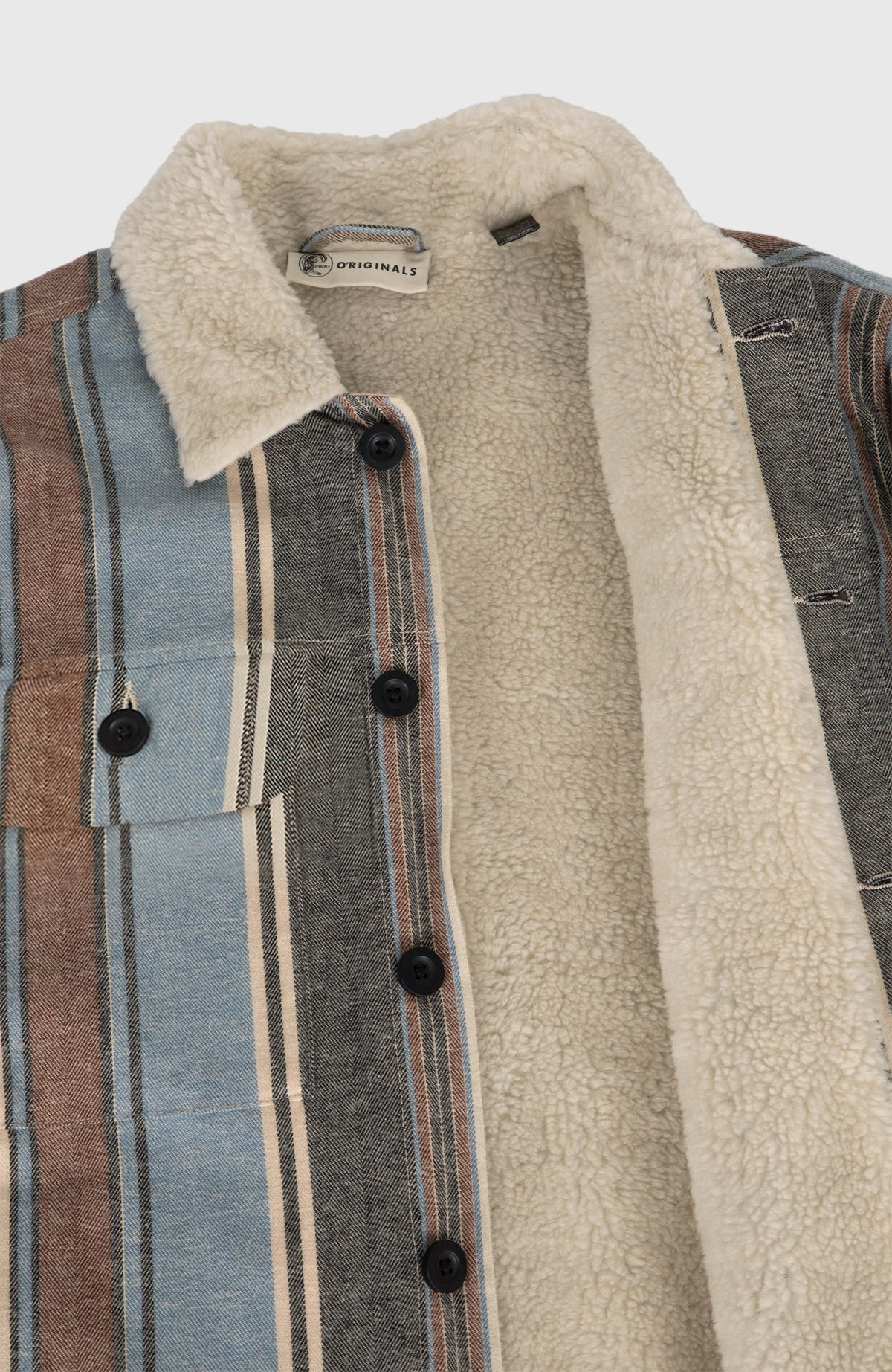 O'Riginals Jacke mit Fleecefutter, blau mit Streifenmuster in Braun, flach liegende Detailansicht des Innenfutters