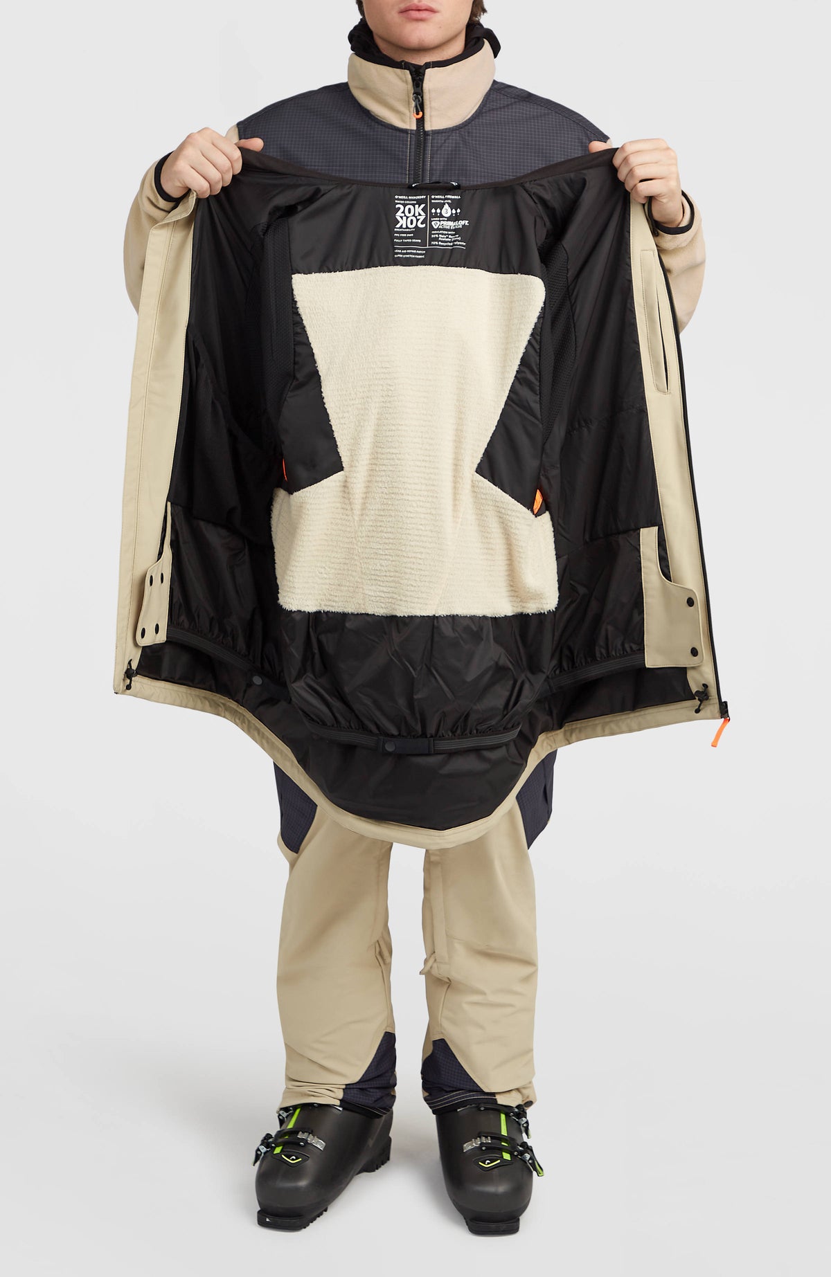 FWC'Peak Pro Skijacke für Herren, beige, Vorderansicht am Model mit geöffneter Jacke und sichtbarem Schneefang