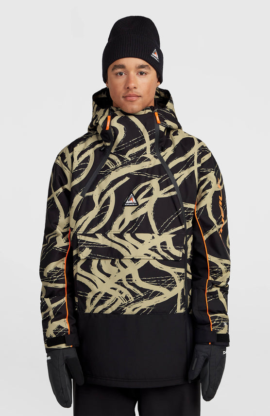 O'Neill FWC'Play Asymmetric Ski- und Snowboardjacke für Herren, beige mit Grafikmuster in Schwarz, Vorderansicht