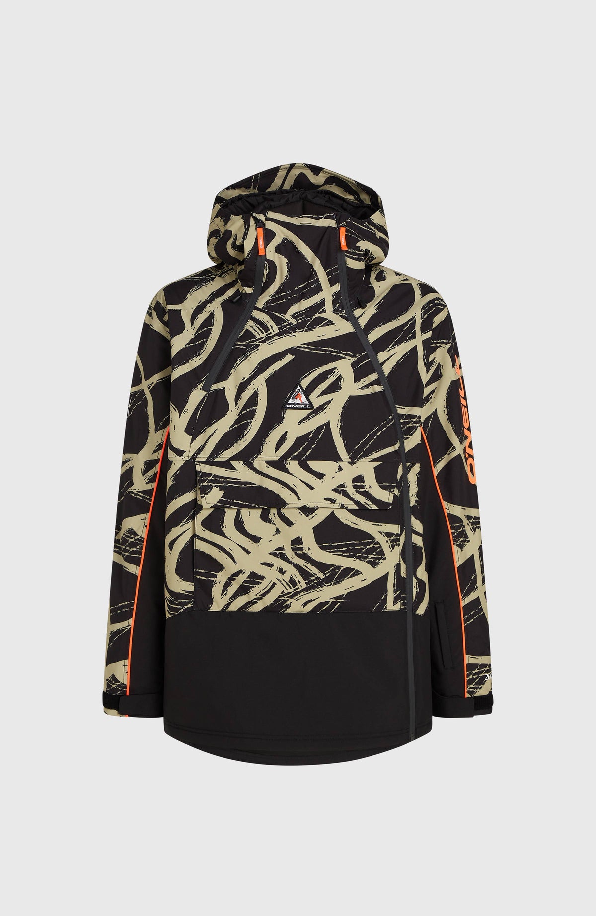FWC'Play Asymmetric Ski- und Snowboardjacke für Herren, beige mit Grafikmuster in Schwarz, freigestellt von vorne