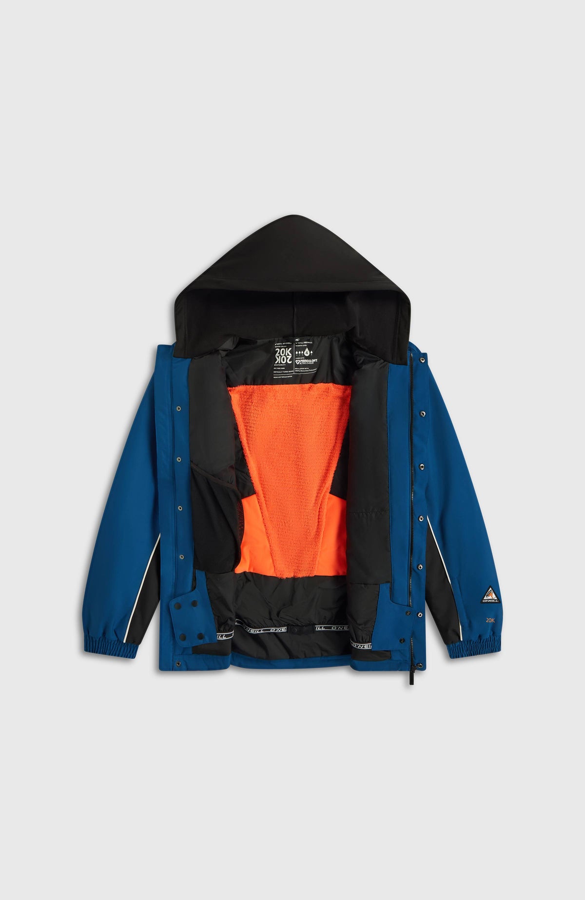 Blaue FWC'Play Shacket Ski- und Snowboardjacke für Herren, flach liegend von vorne, geöffnet mit Innenfutter