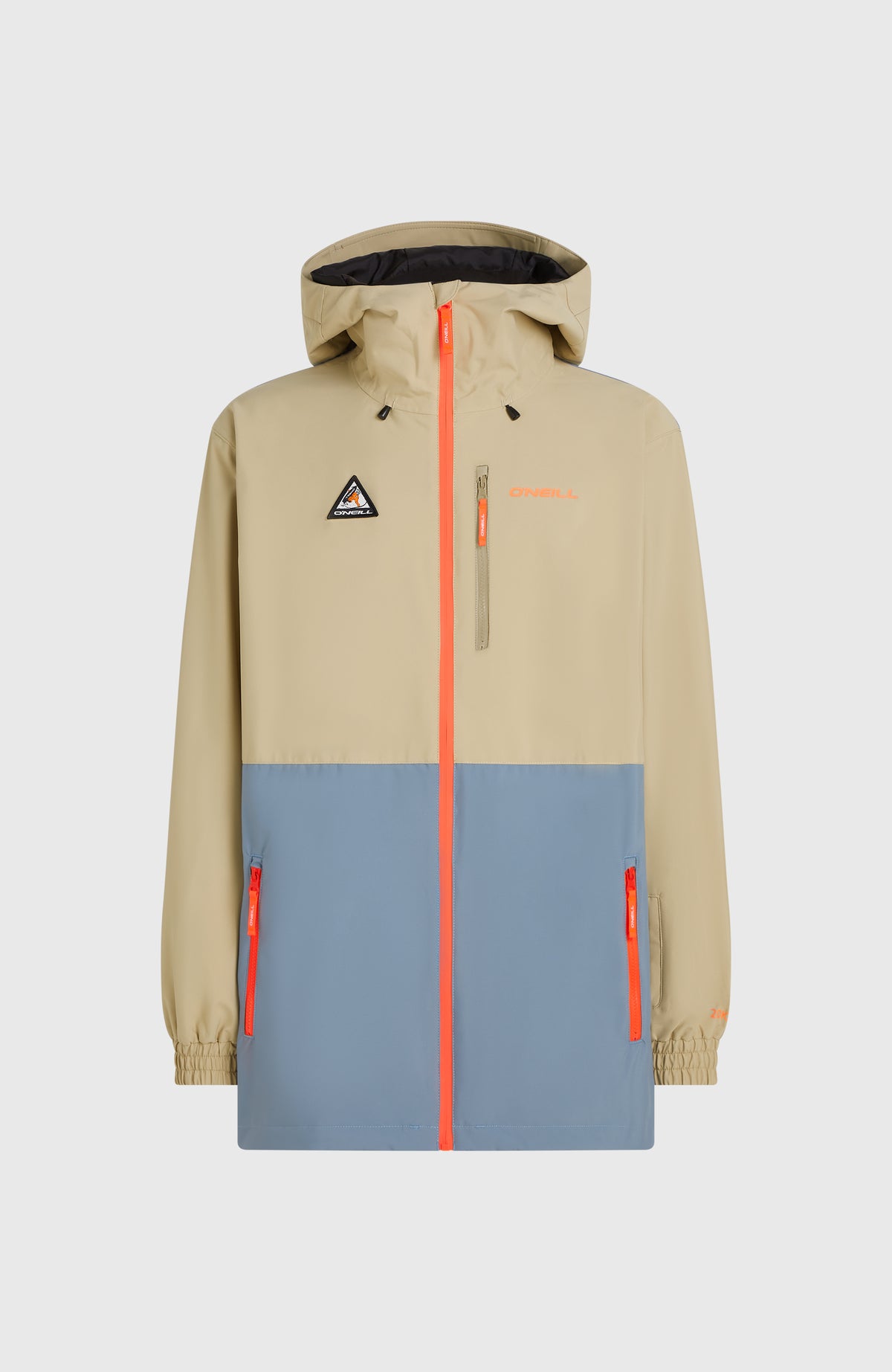 FWC'Play Park Ski- und Snowboardjacke für Herren, beige, freigestellt von vorne mit orangem Frontreißverschluss