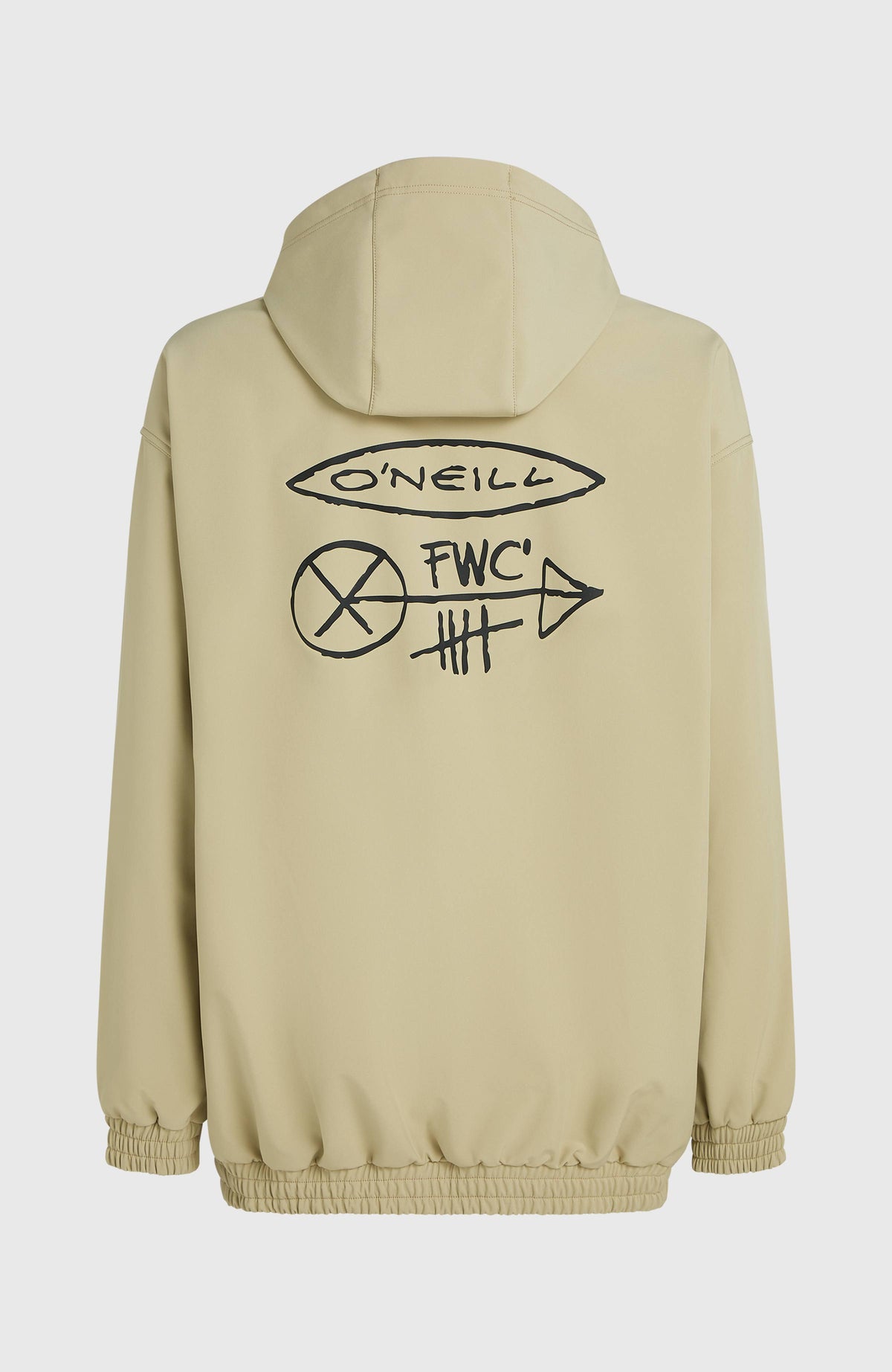 FWC'Play Softshell-Hoodie für Herren, beige mit Logo-Print in Schwarz, freigestellt von hinten mit elastischem Bund