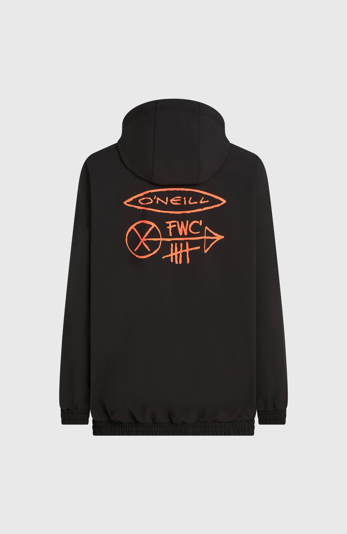 FWC'Play Softshell-Hoodie für Herren, schwarz mit Logo-Print in Orange, freigestellt von hinten mit Kapuze