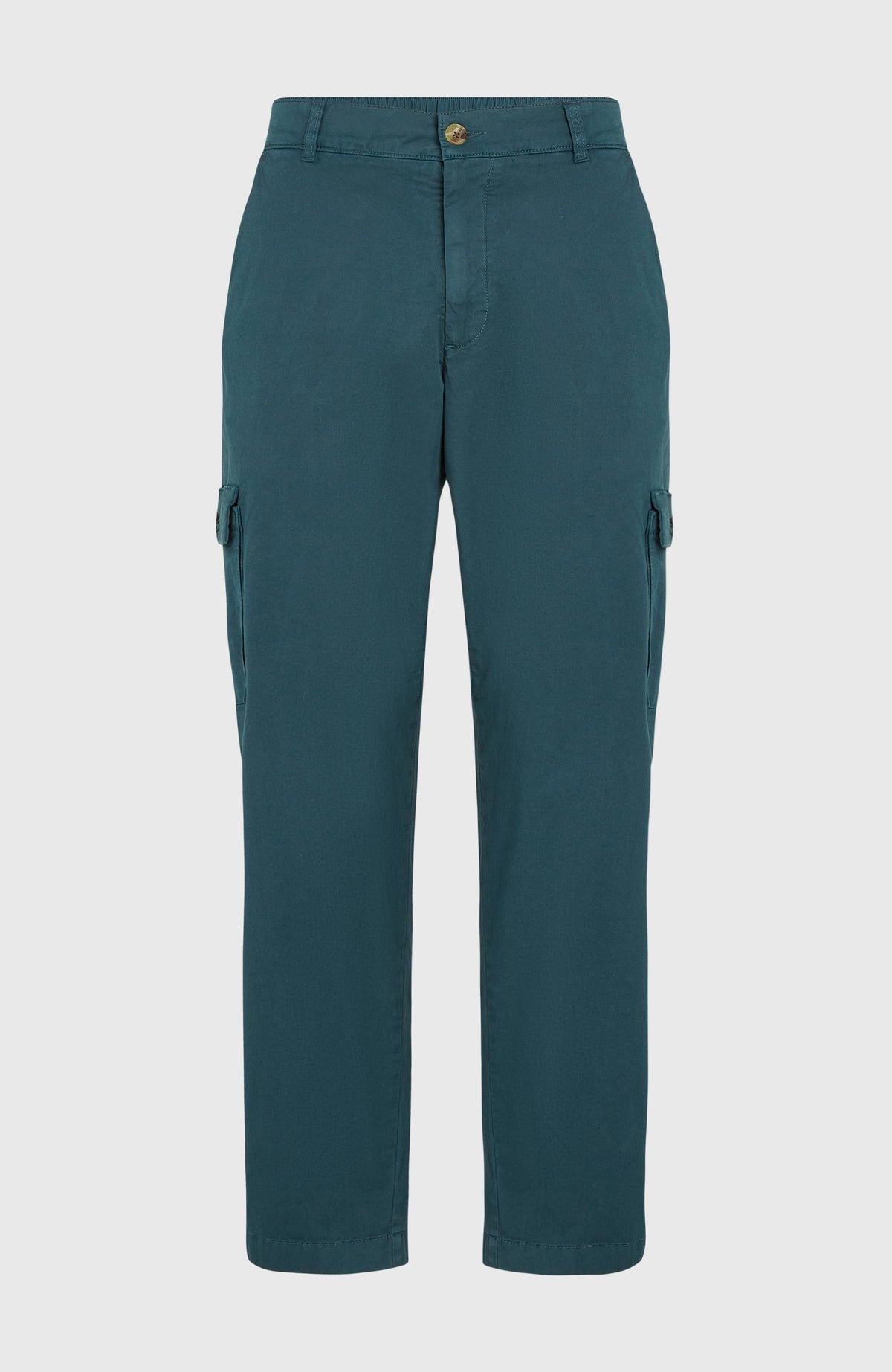 Blaue Essentials Cargohose für Herren, freigestellt von vorne, Hosenbund mit Knopfverschluss und Cargotaschen