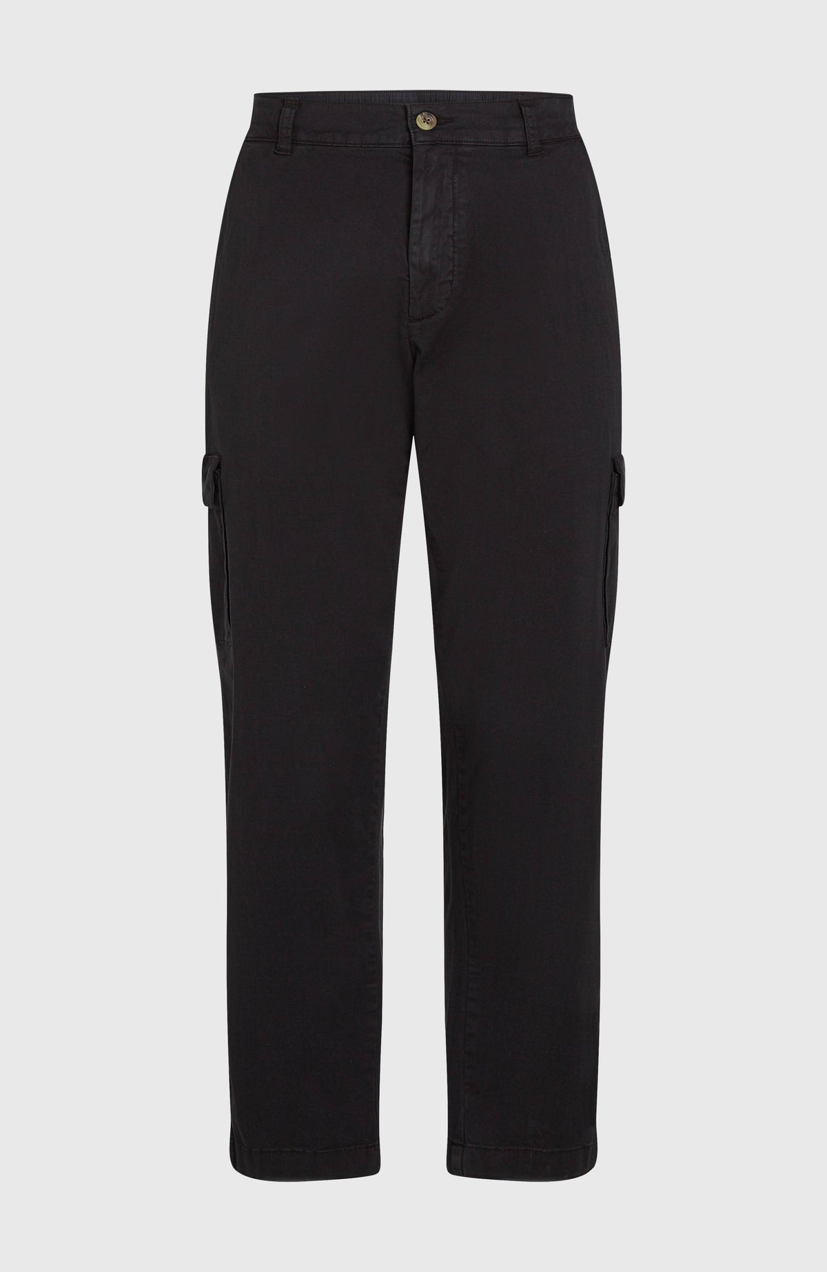Essentials Cargohose für Herren, schwarz, freigestellt von vorne mit sichtbarem Hosenbund und Cargotaschen