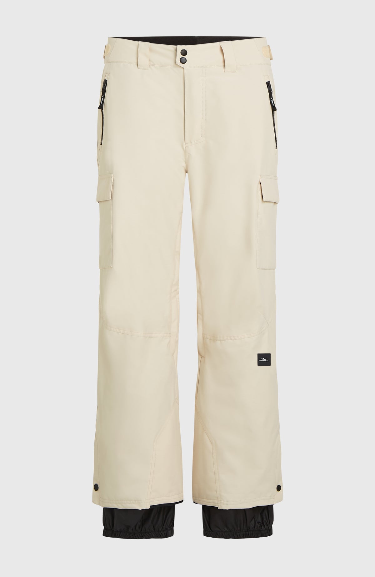 FWC'Cruz Cargo-Skihose für Herren, beige, freigestellt von vorne mit Knöpfen am Bund und Schneefang am Saum