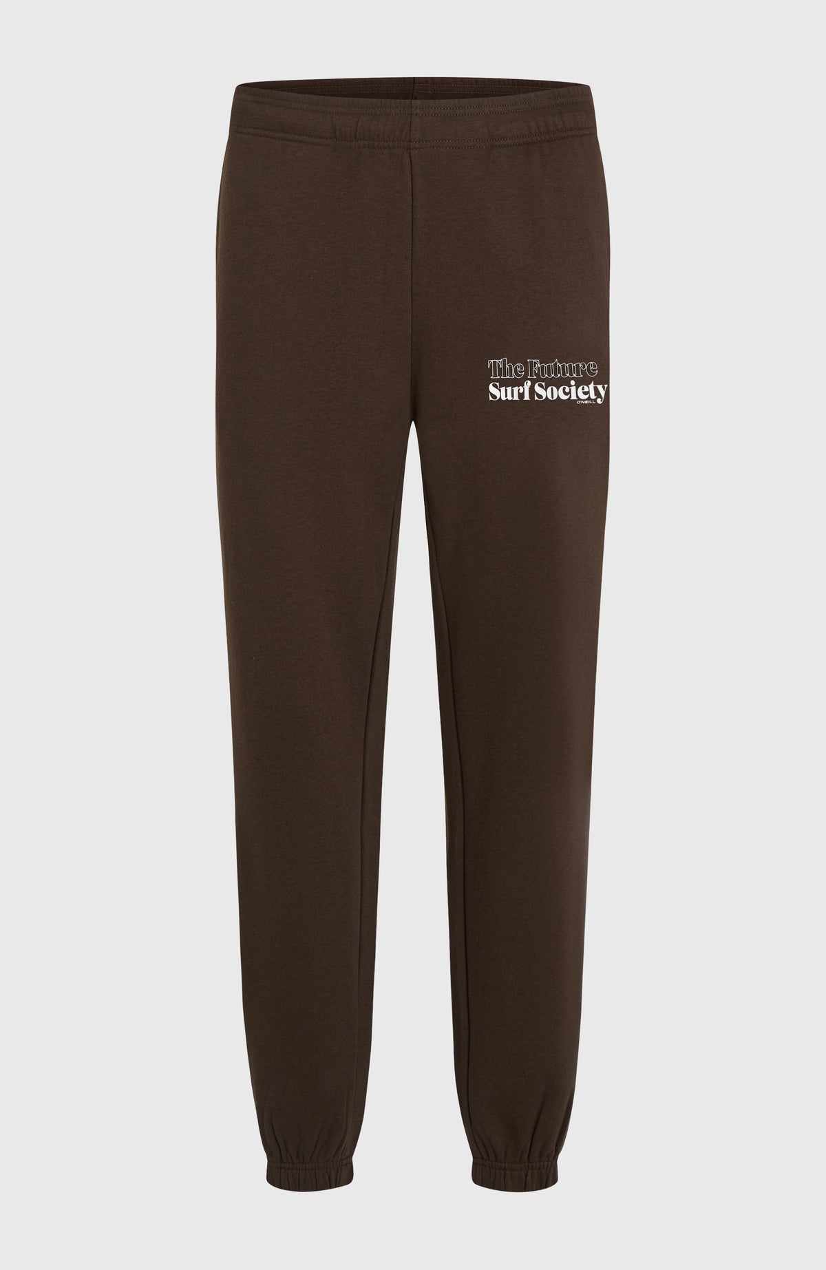 Future Surf Society Jogginghose für Herren, braun mit Logo-Print in Weiß, flach liegend von vorne