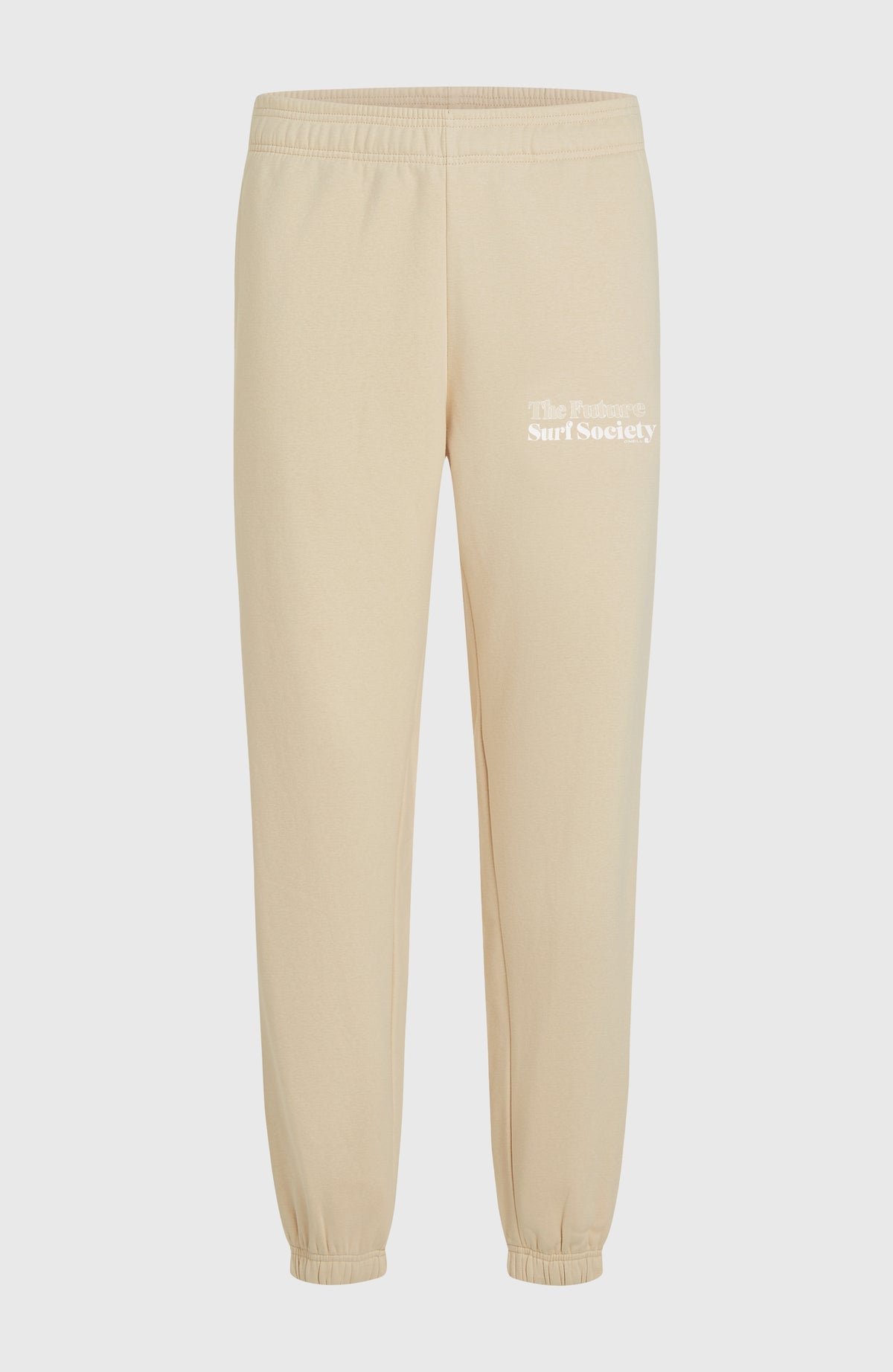 Future Surf Society Jogginghose für Herren, beige mit Logo-Print in Weiß, flach liegend von vorne mit elastischem Bund