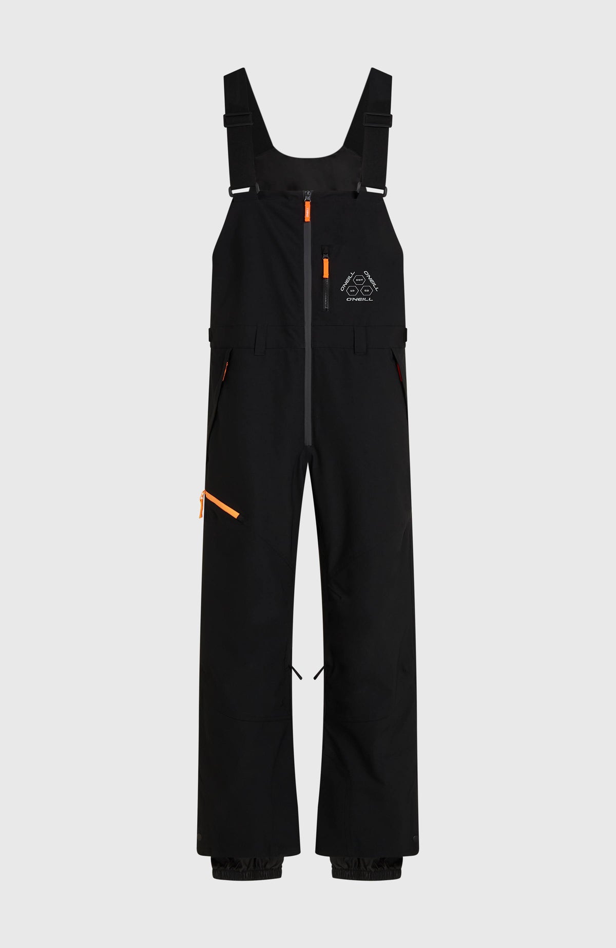 Schwarze FWC'Peak Bib Skihose für Herren, flach liegend von vorne mit Latz, Trägern und Reißverschlüssen