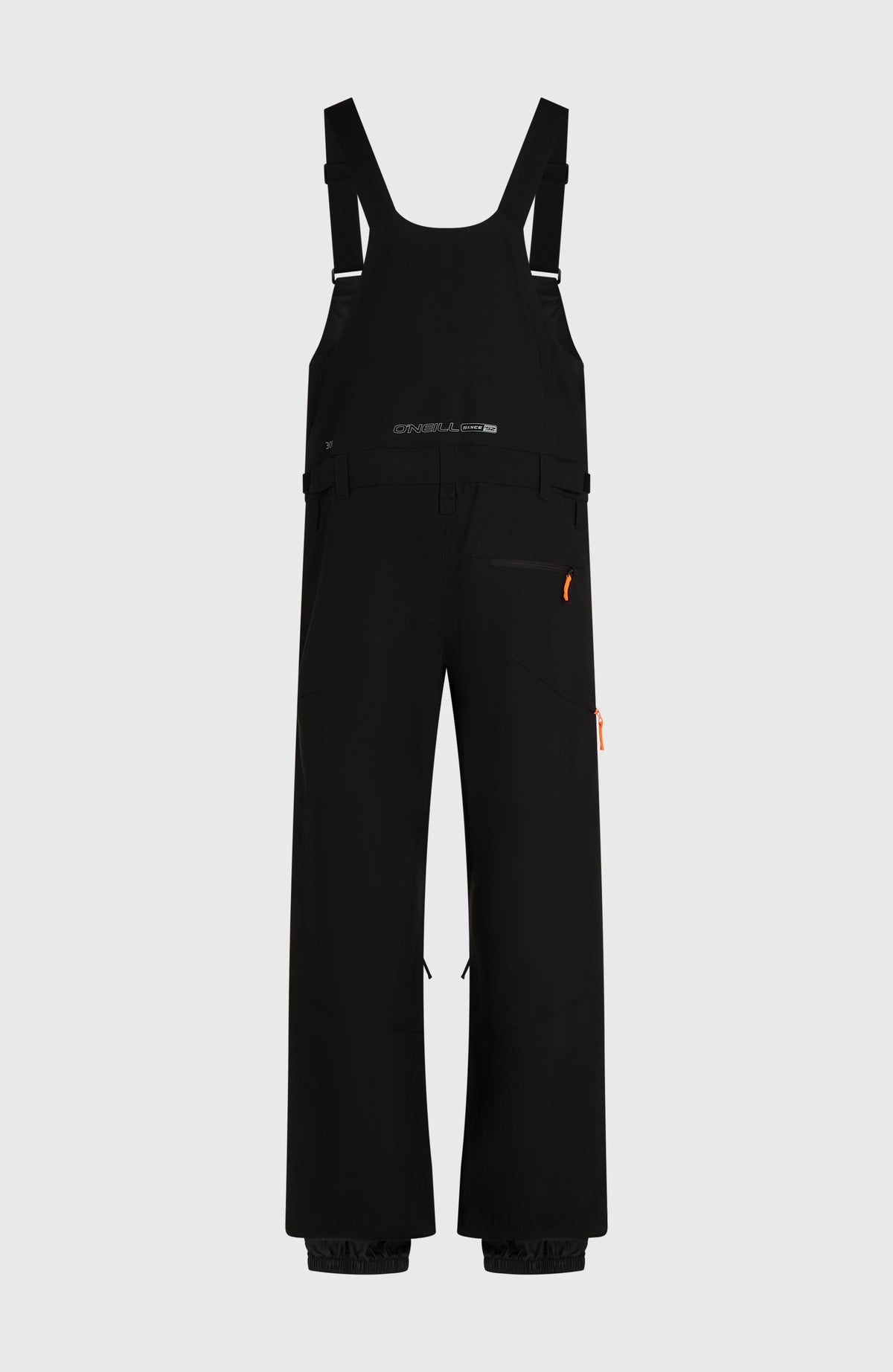Schwarze FWC'Peak Bib Skihose für Herren, flach liegend von hinten mit Reißverschlusstasche an der Rückseite