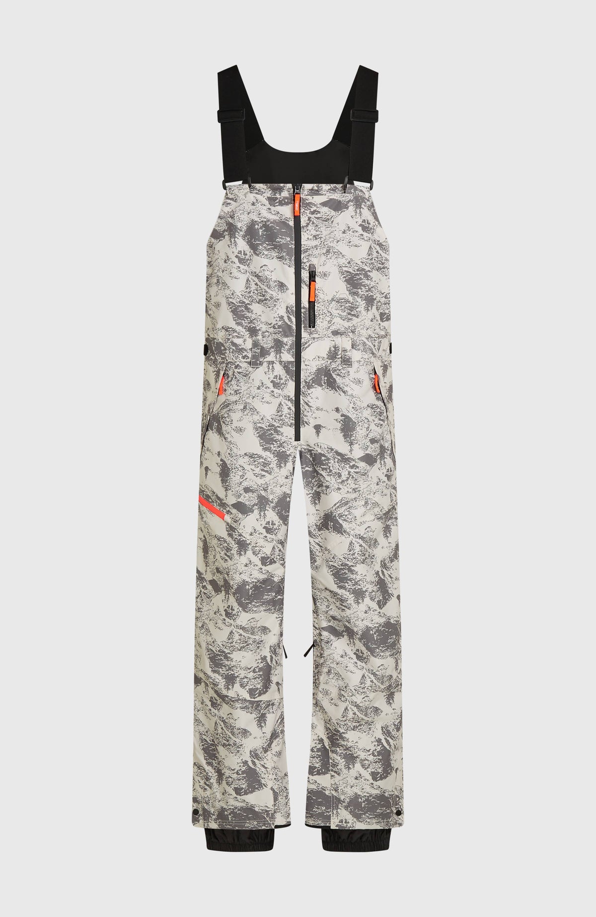 FWC'Peak Bib Skihose für Herren, grau mit Bergmuster in Weiß, freigestellt von vorne