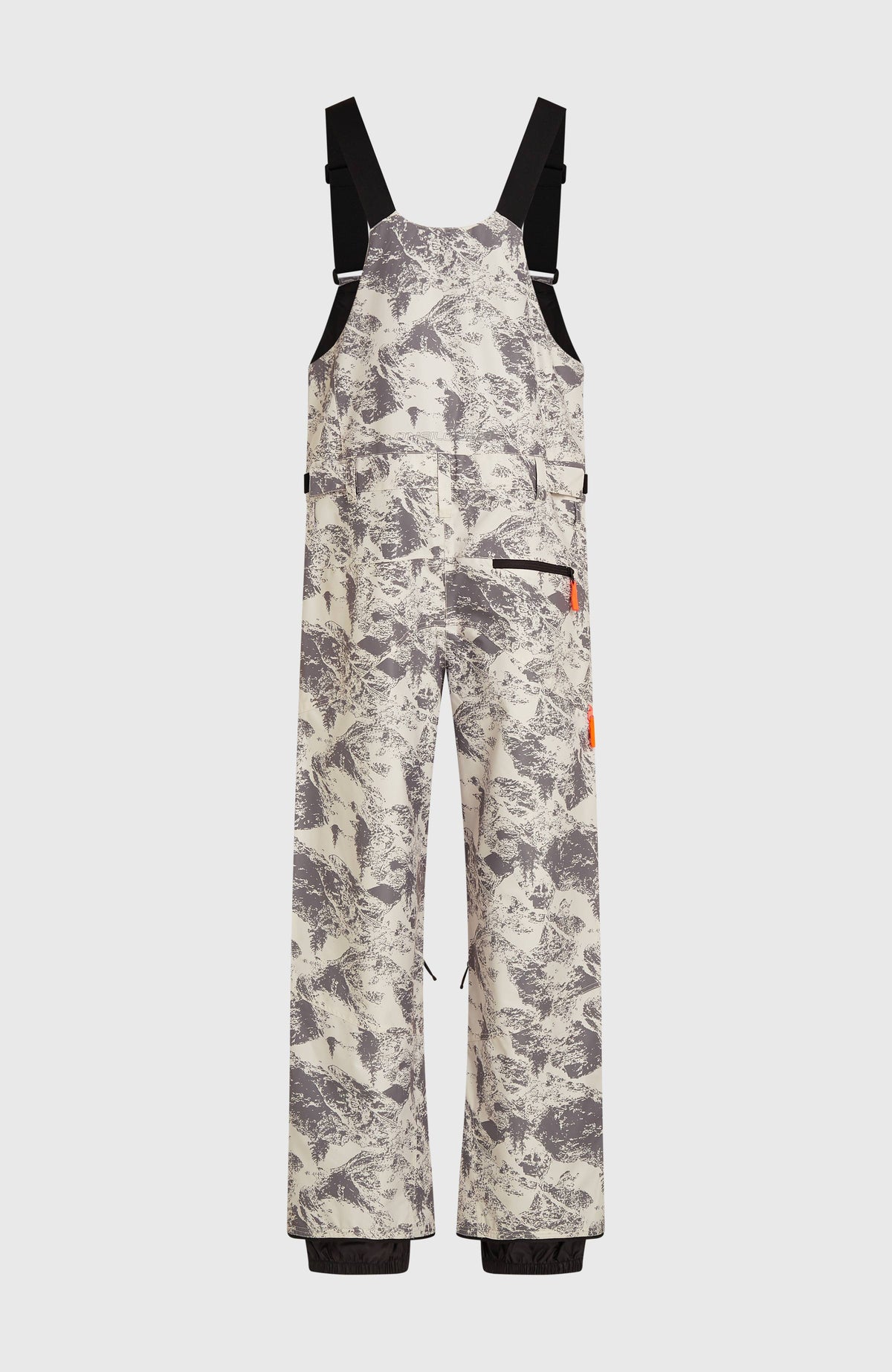 FWC'Peak Bib Skihose für Herren, grau mit Bergmuster in Weiß, freigestellt von hinten