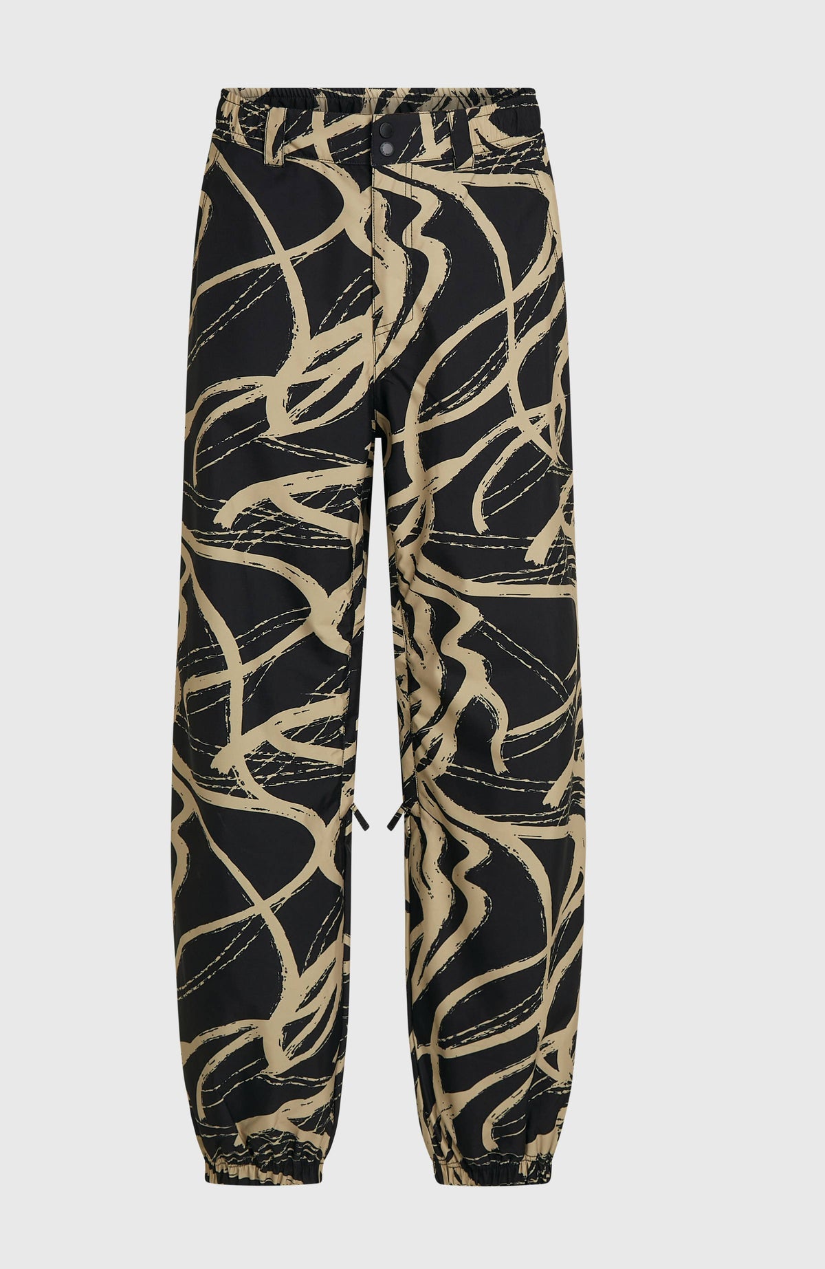 FWC Oversized Ski- und Snowboardhose für Herren, beige mit Grafikmuster in Schwarz, flach liegend von vorne