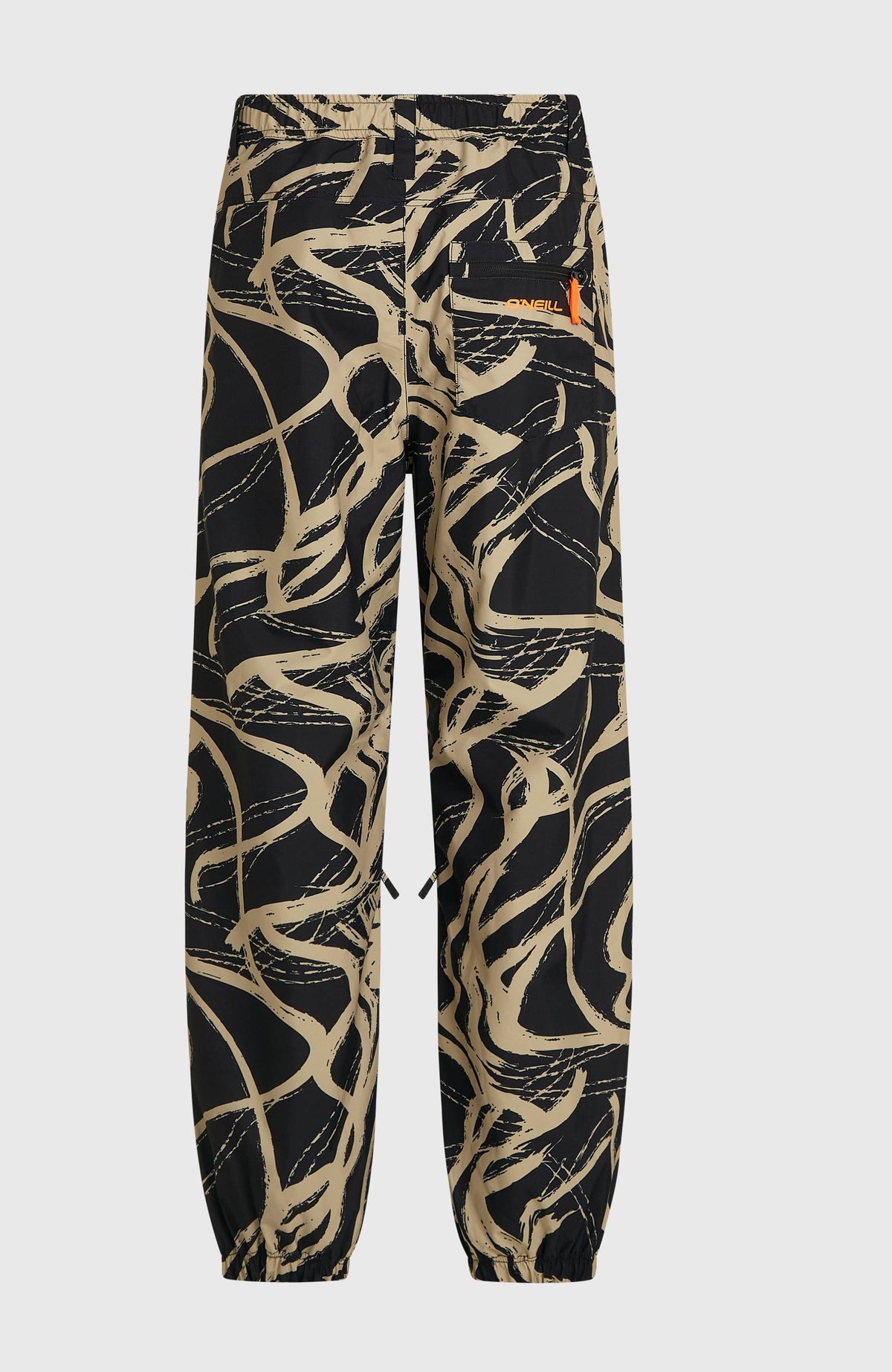FWC Oversized Ski- und Snowboardhose für Herren, beige mit Grafikmuster in Schwarz, flach liegend von hinten