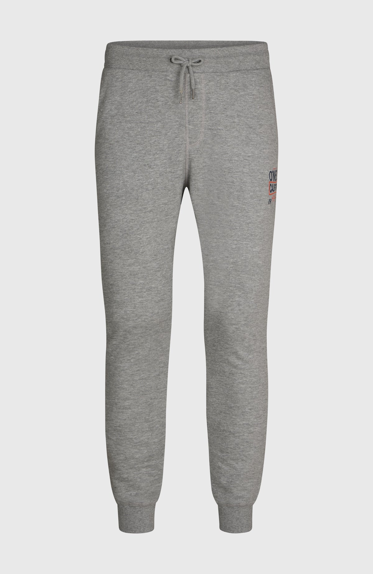 O'NEILL CALI SWEATPANTS für Herren, grau mit Logo-Print in Blau und Orange, flach liegend von vorne, Kordelzug am Bund