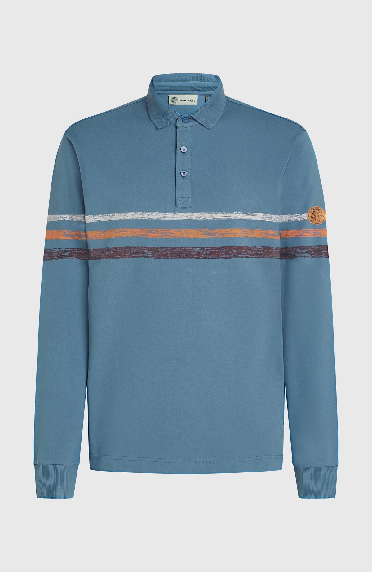 O'Riginals Poloshirt für Herren, blau mit Streifenmuster in Weiß und Orange, freigestellt von vorne
