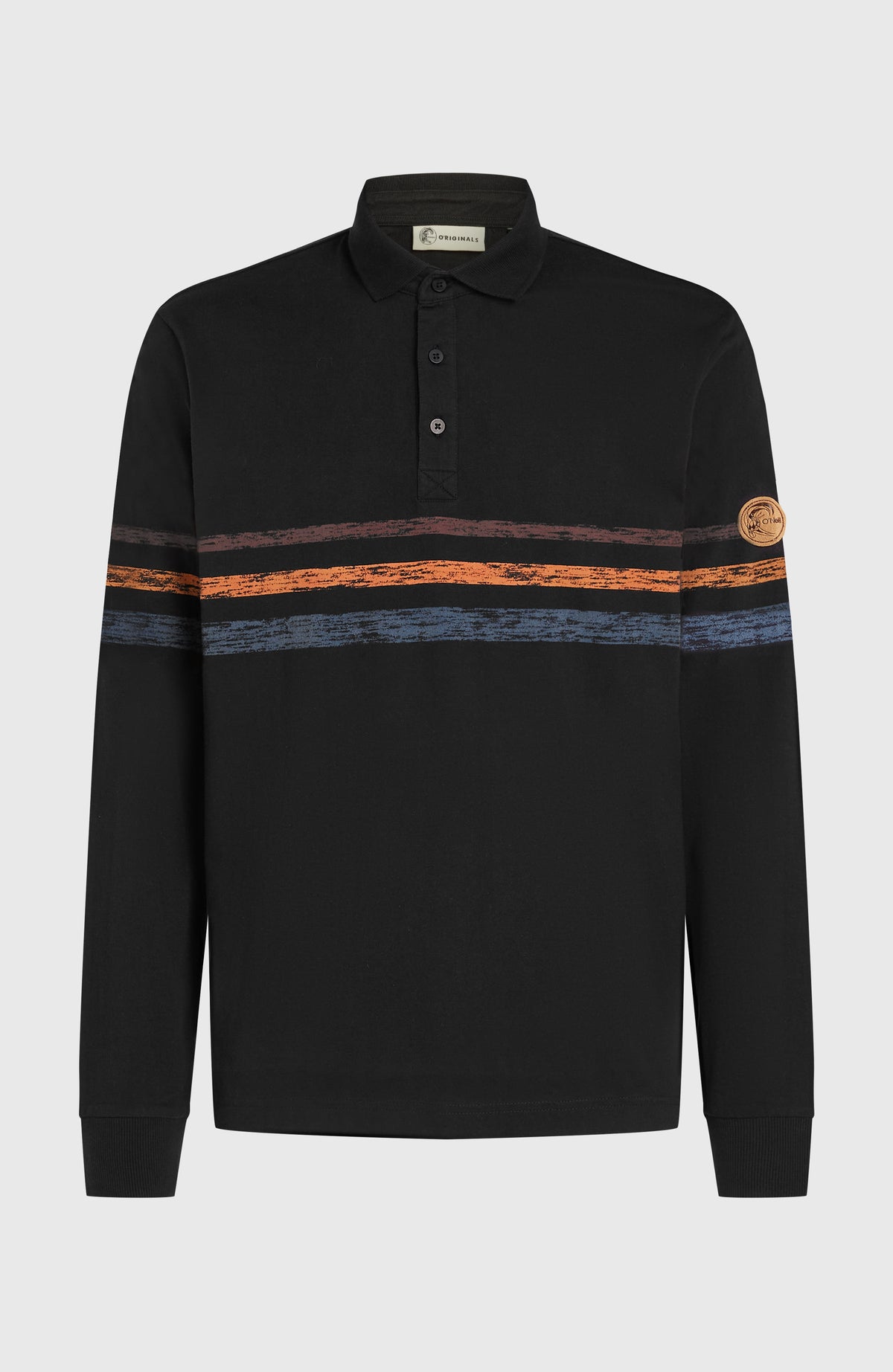 O'Riginals Poloshirt für Herren, schwarz mit Streifenmuster in Orange und Blau, flach liegend von vorne