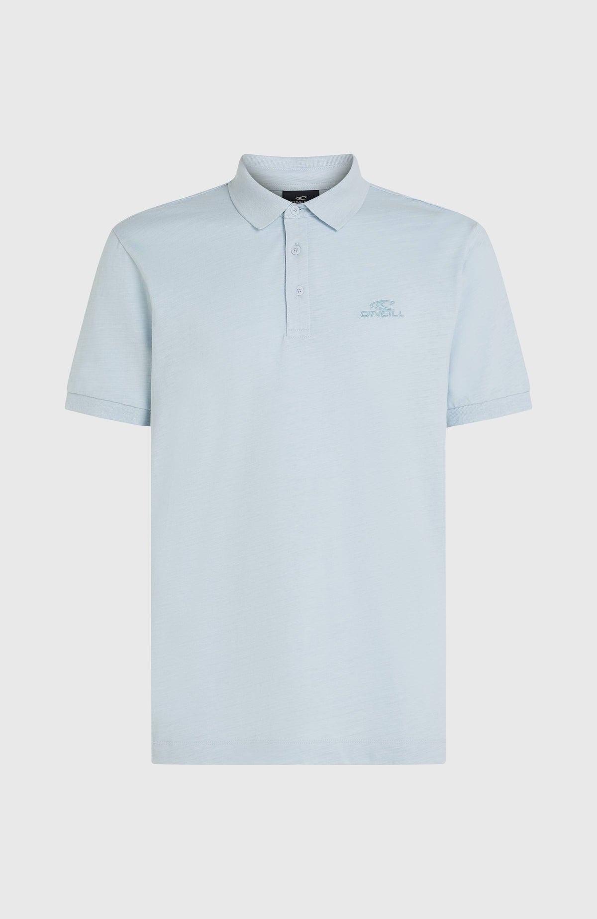 Slub Poloshirt für Herren, blau, flach liegend von vorne mit Kragen und Knöpfen