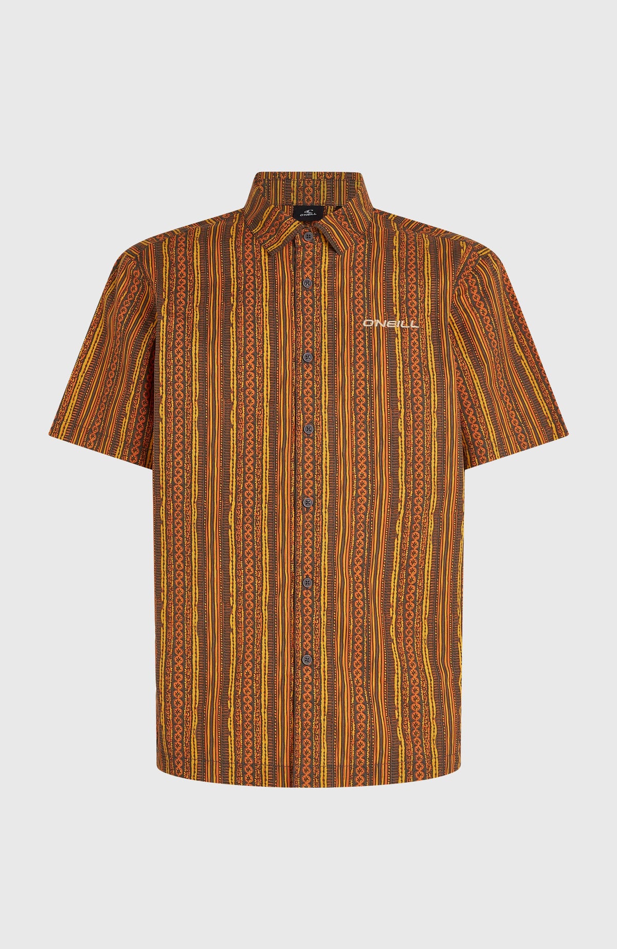 Print-Shirt für Herren, orange mit Streifenmuster in Gelb und Braun, freigestellt von vorne, Knopfleiste