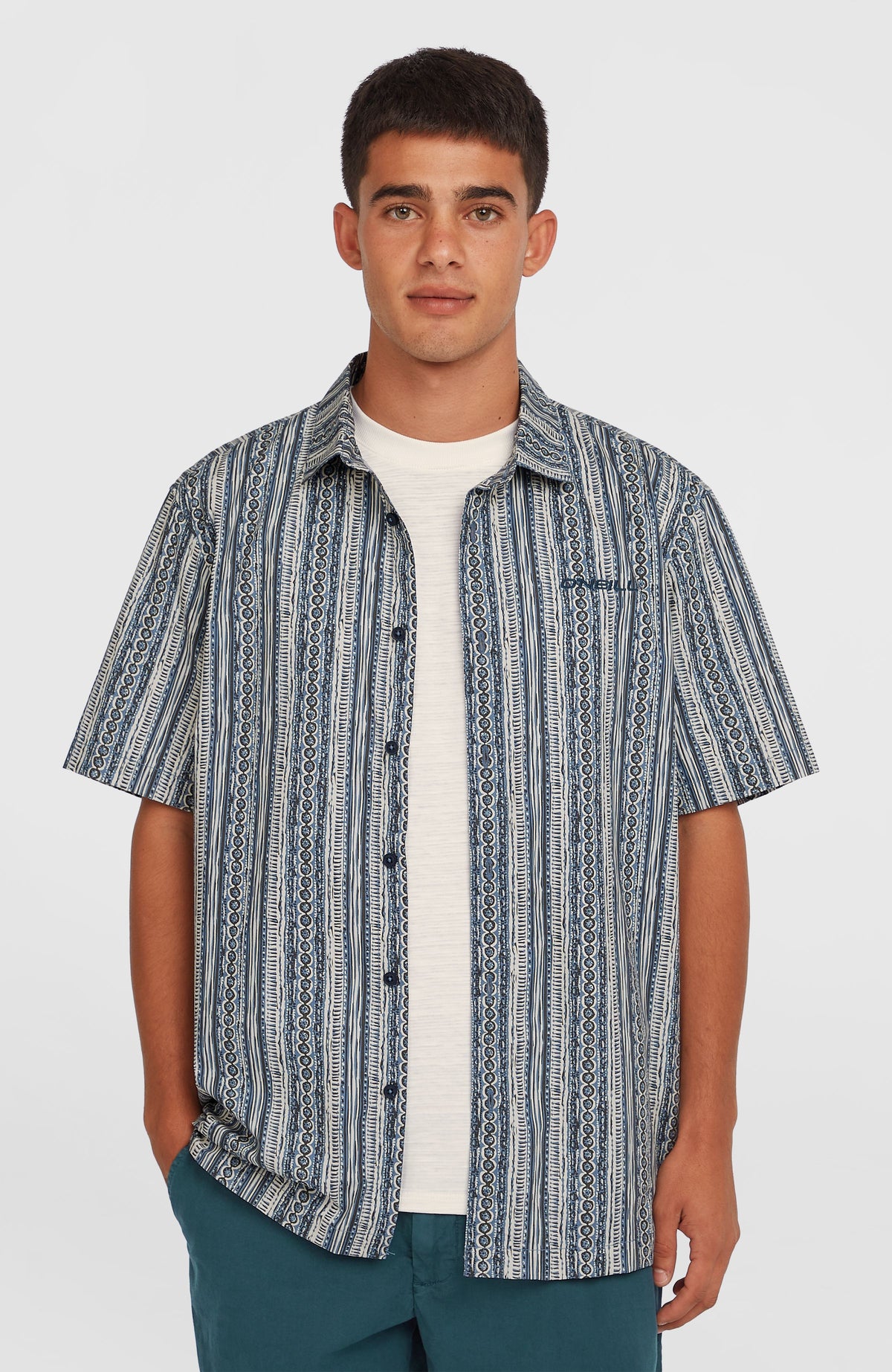 O'Neill Print-Shirt für Herren, blau mit Streifenmuster in Weiß, Vorderansicht am Model