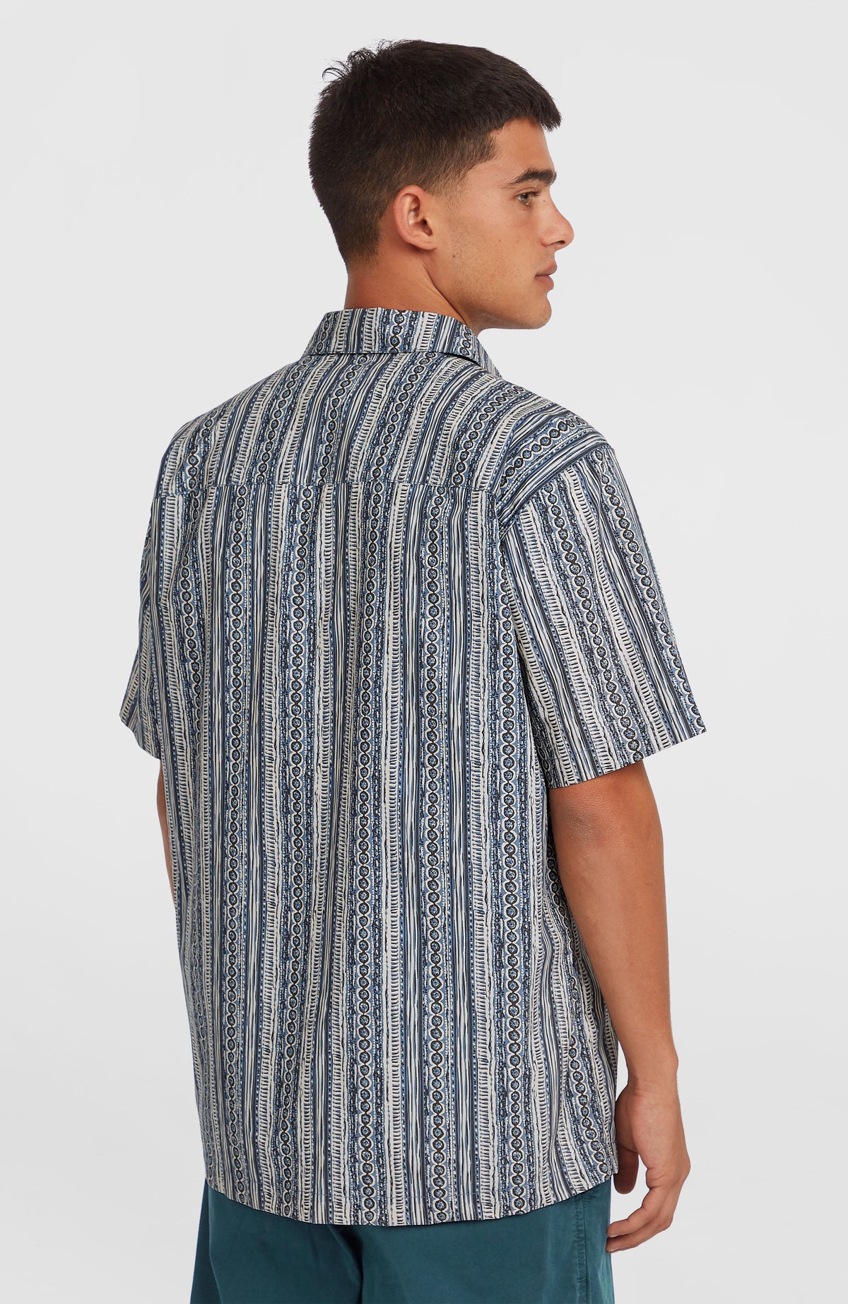 Print-Shirt für Herren, blau mit Streifenmuster in Weiß, Rückansicht am Model